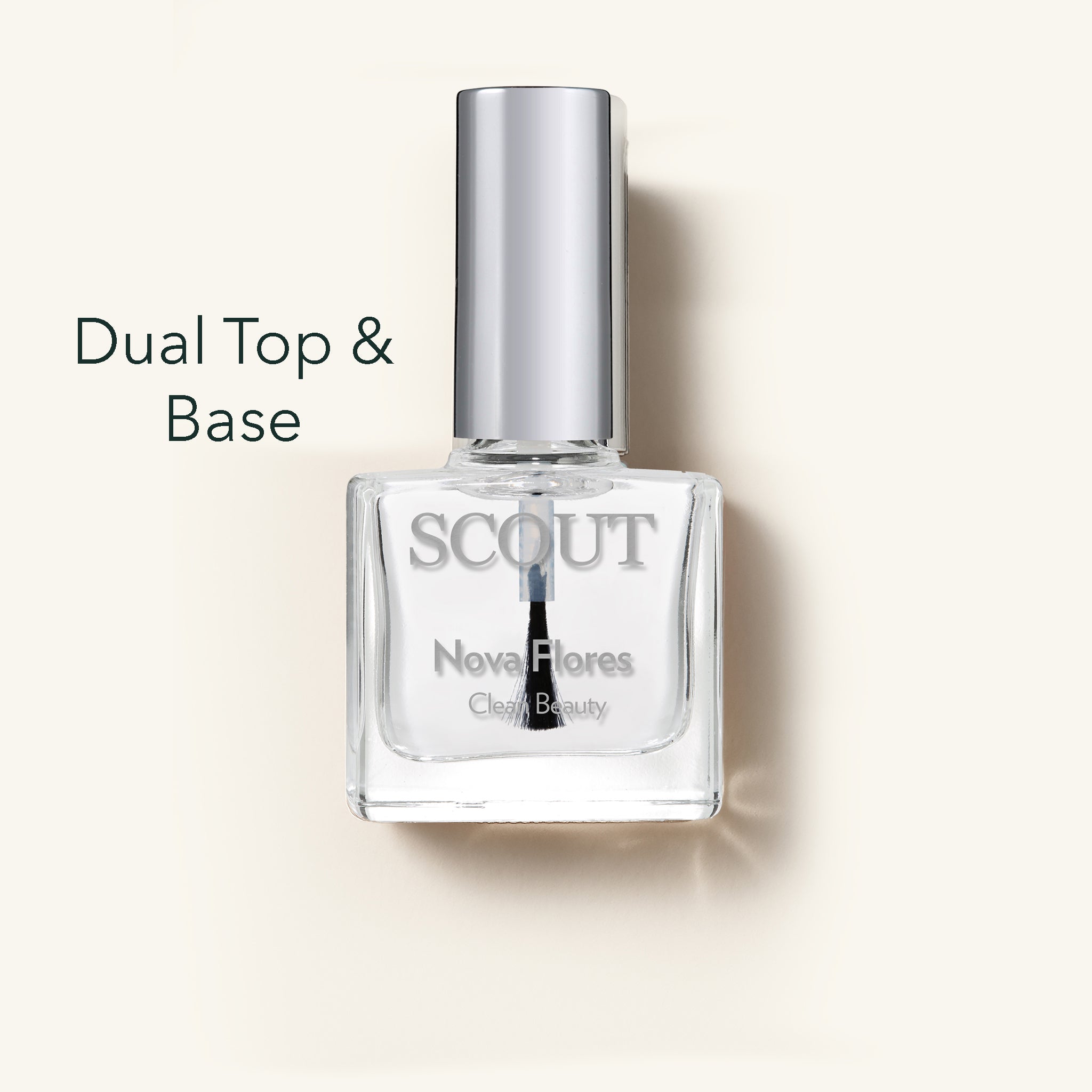 Base Coat Nail polish bottle with 'SCOUT' branding on a beige background. Made in Australia, Superfood Ingredients. Toxic Free, Highly-Effective, Vegan. Protect nail health.