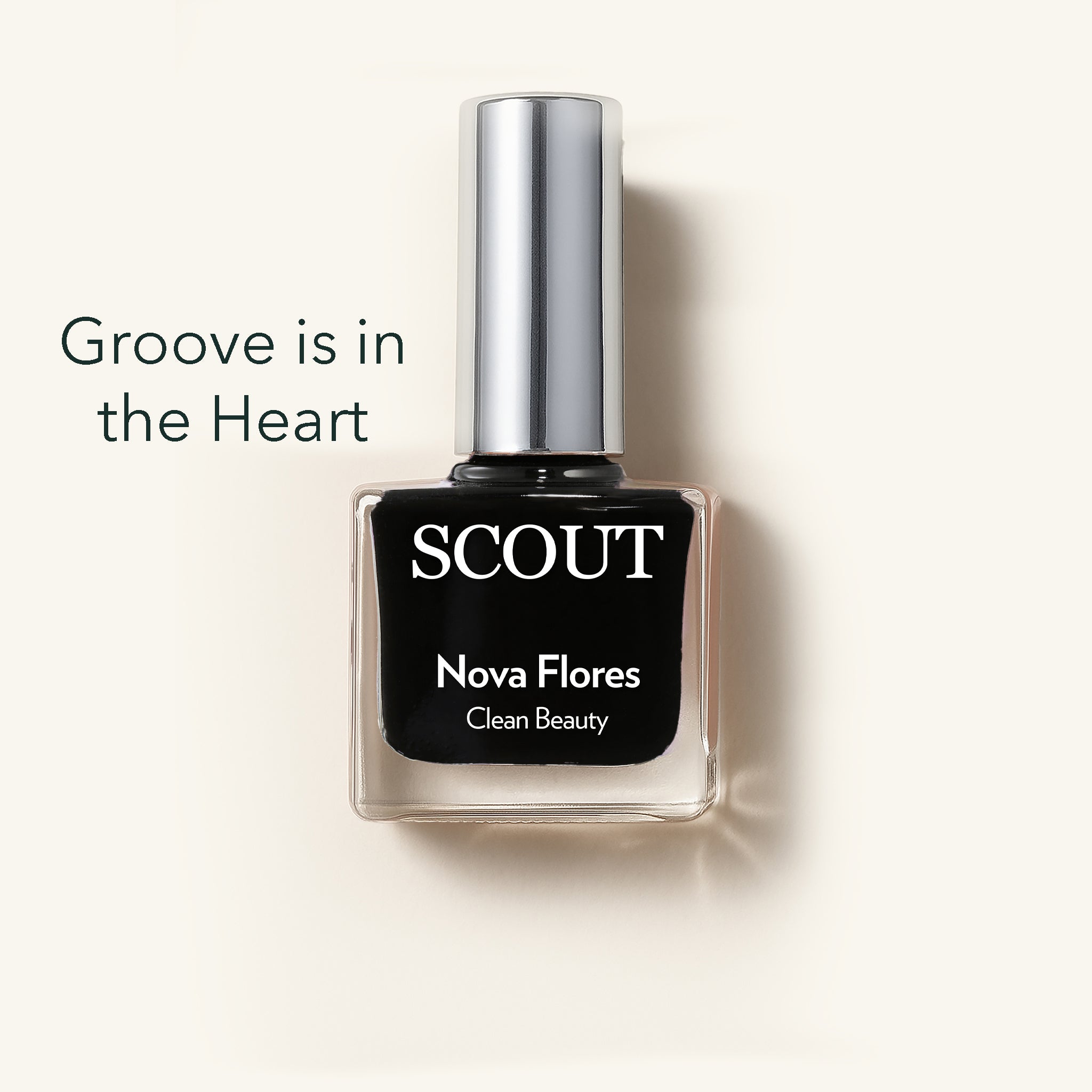 Scout Black nail polish bottle with 'Groove is in the Heart' text on a light background. Made in Australia, Superfood Ingredients. Toxic Free, Highly-Effective, Vegan. Protect nail health.