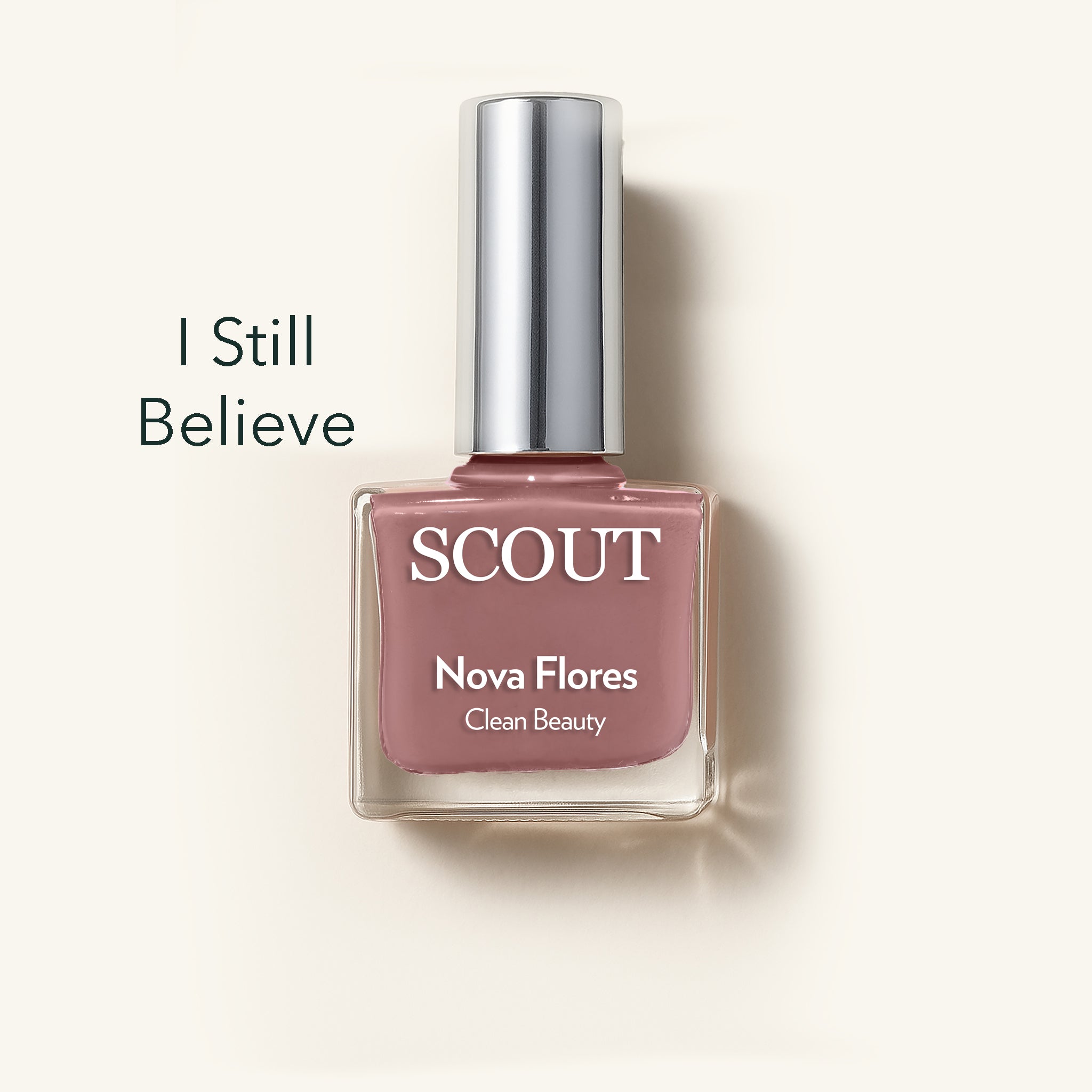 SCOUT nail polish bottle with 'Nova Flores' on a light background. Made in Australia, Superfood Ingredients. Toxic Free, Highly-Effective, Vegan. Protect nail health.