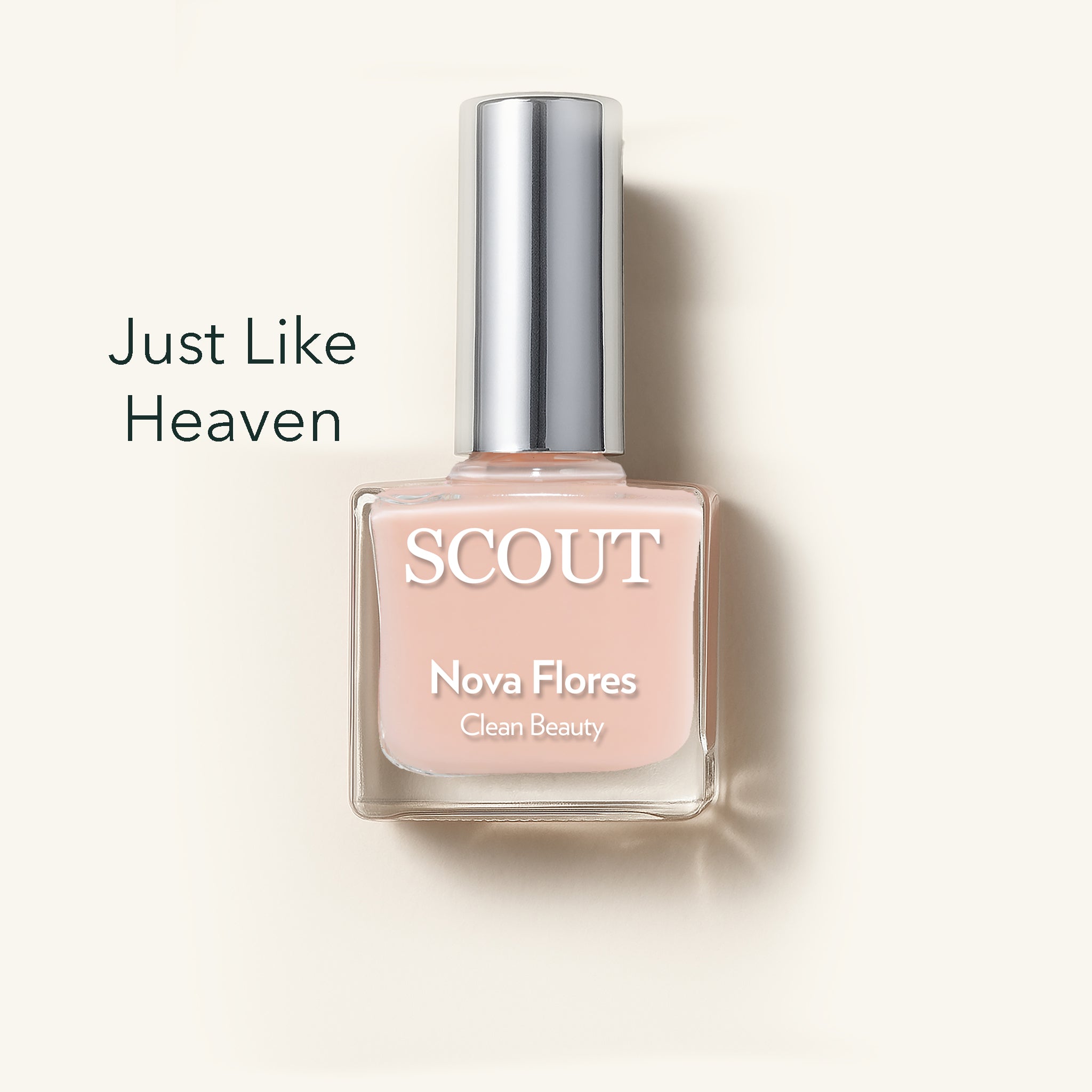 SCOUT nail polish bottle labeled 'Just Like Heaven' on a light background. Made in Australia, Superfood Ingredients. Toxic Free, Highly-Effective, Vegan. Protect nail health.