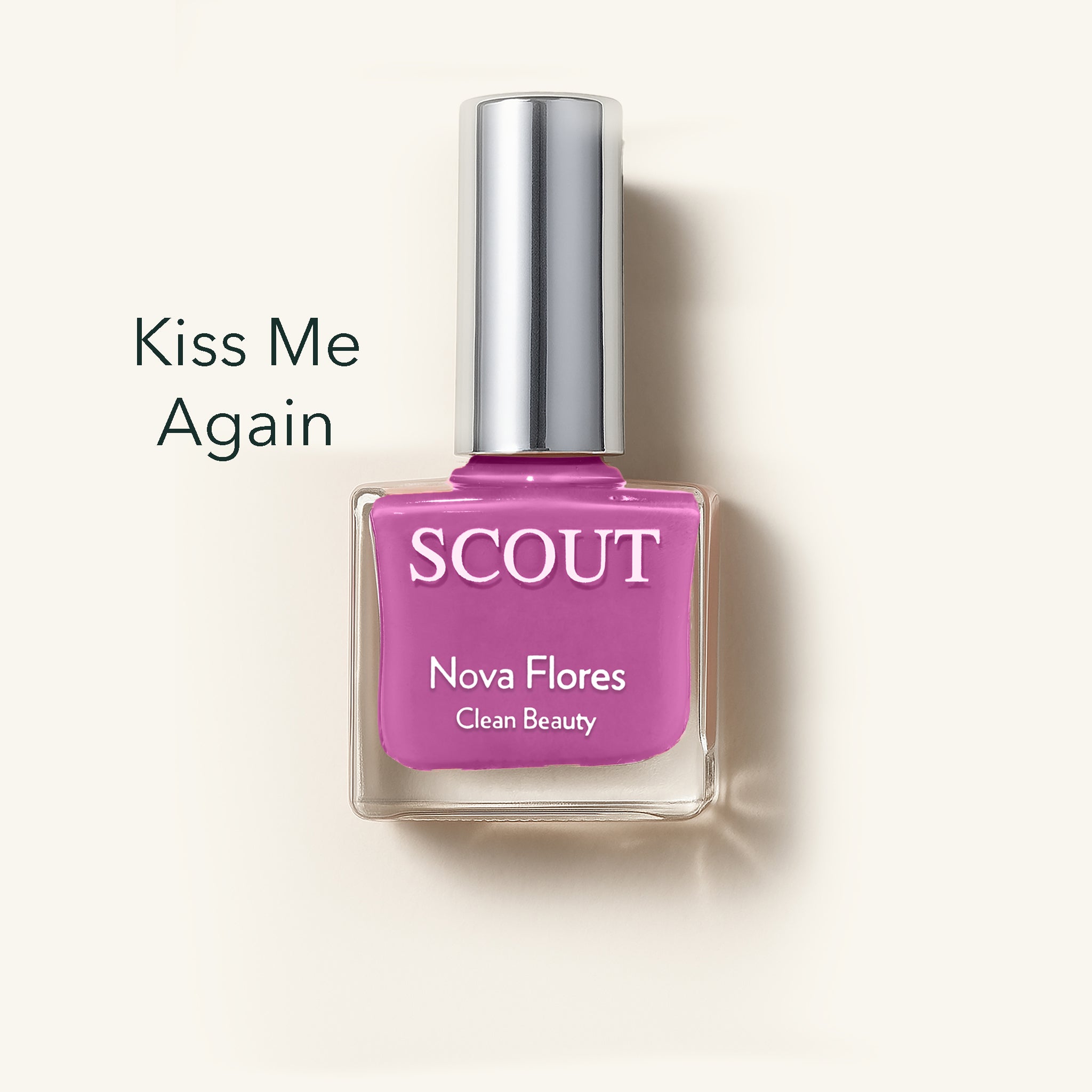 Pink nail polish bottle labeled 'SCOUT Nova Flores' on a light background. Made in Australia, Superfood Ingredients. Toxic Free, Highly-Effective, Vegan. Protect nail health.