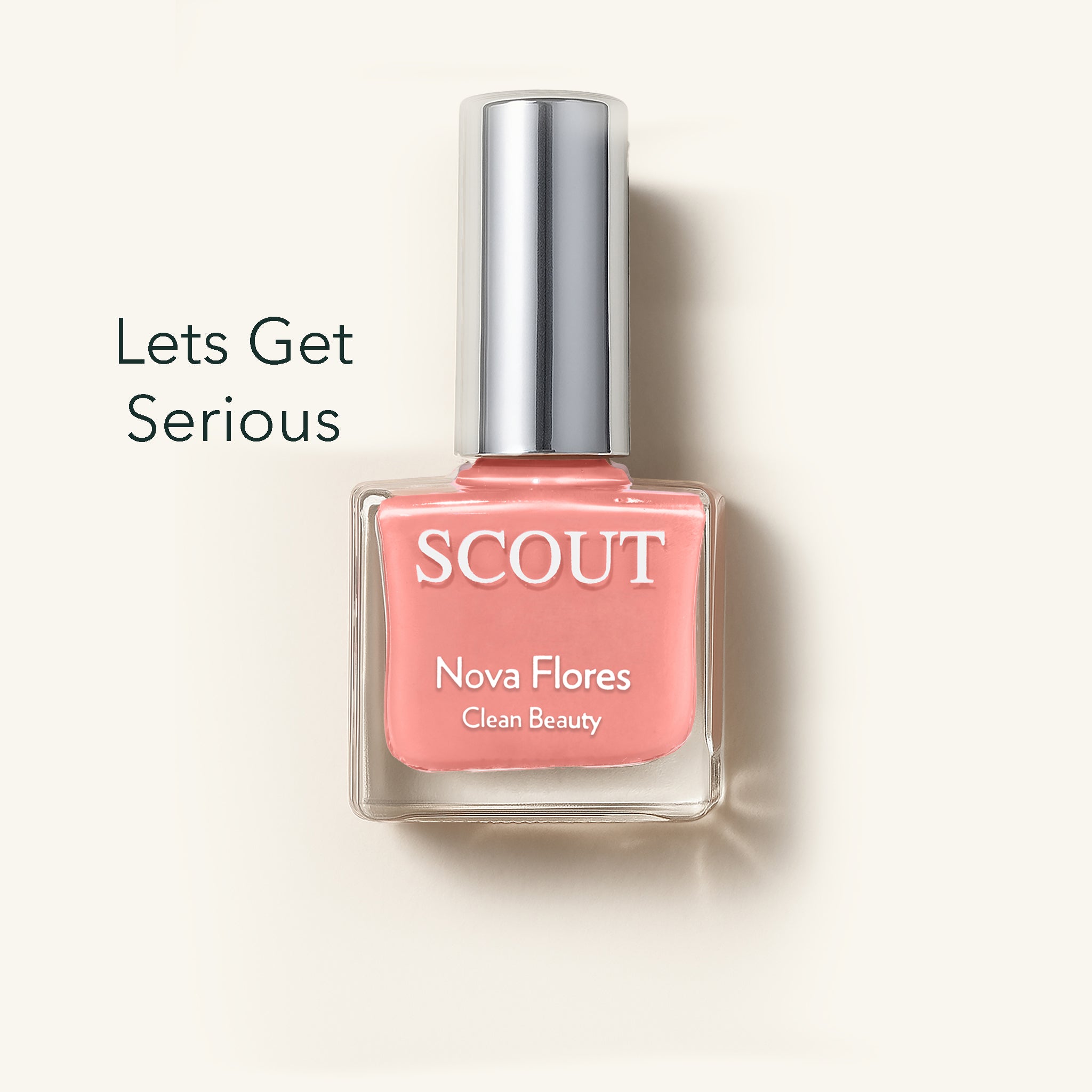 Pink nail polish bottle with 'SCOUT' branding on a light beige background. Made in Australia, Superfood Ingredients. Toxic Free, Highly-Effective, Vegan. Protect nail health.