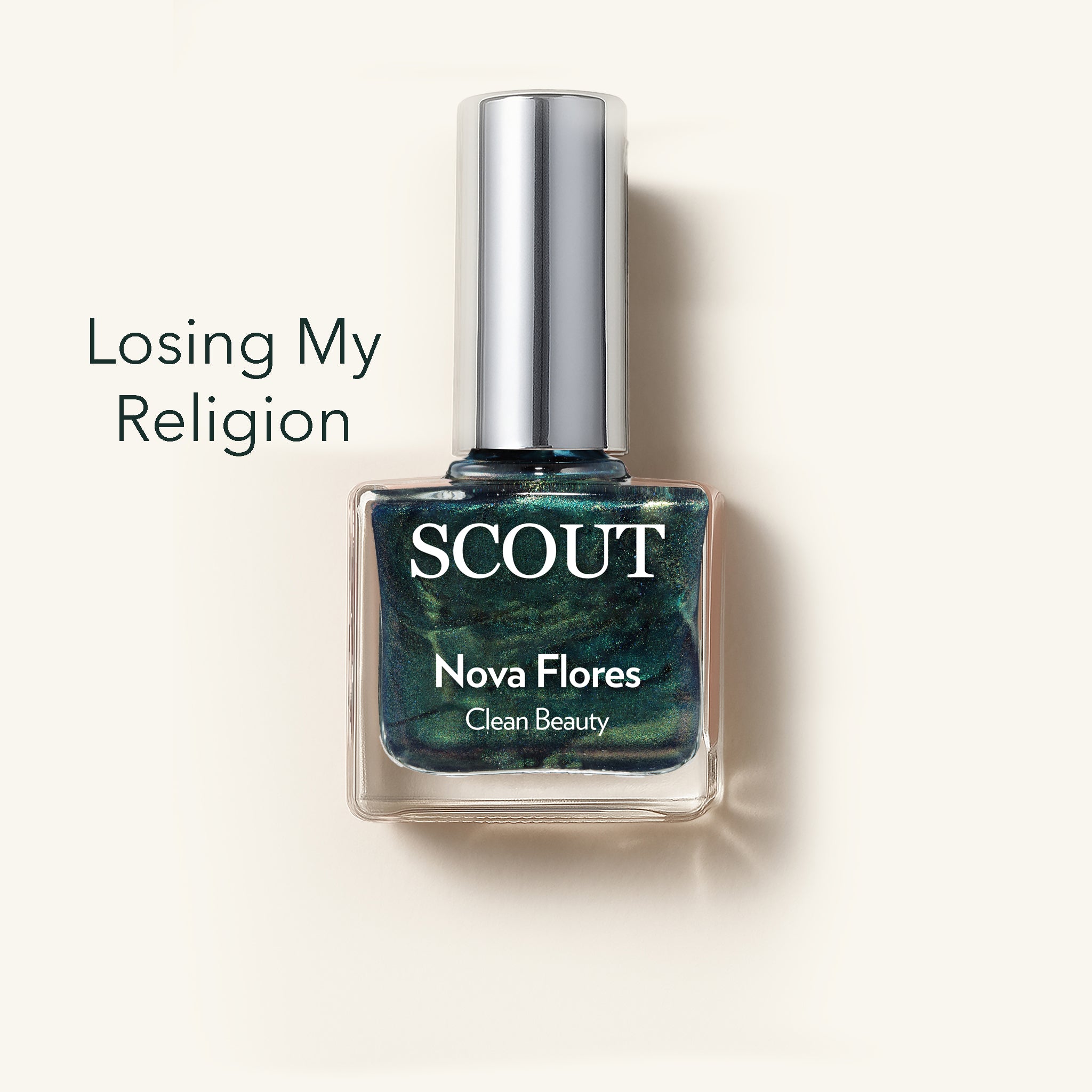 SCOUT nail polish bottle with green marbled design on a white background. Made in Australia, Superfood Ingredients. Toxic Free, Highly-Effective, Vegan. Protect nail health.