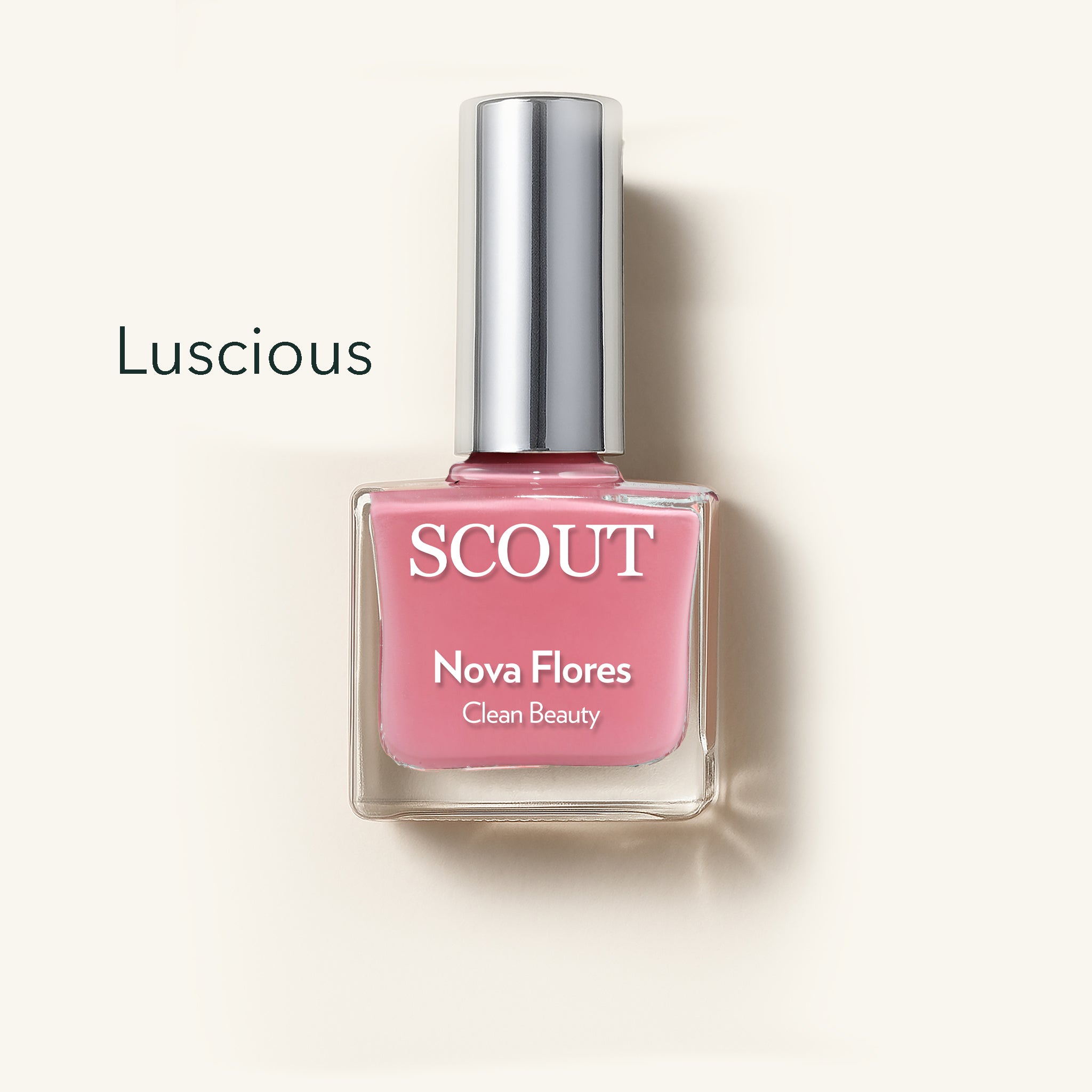 SCOUT nail polish bottle with pink polish on a light beige background. Made in Australia, Superfood Ingredients. Toxic Free, Highly-Effective, Vegan. Protect nail health.