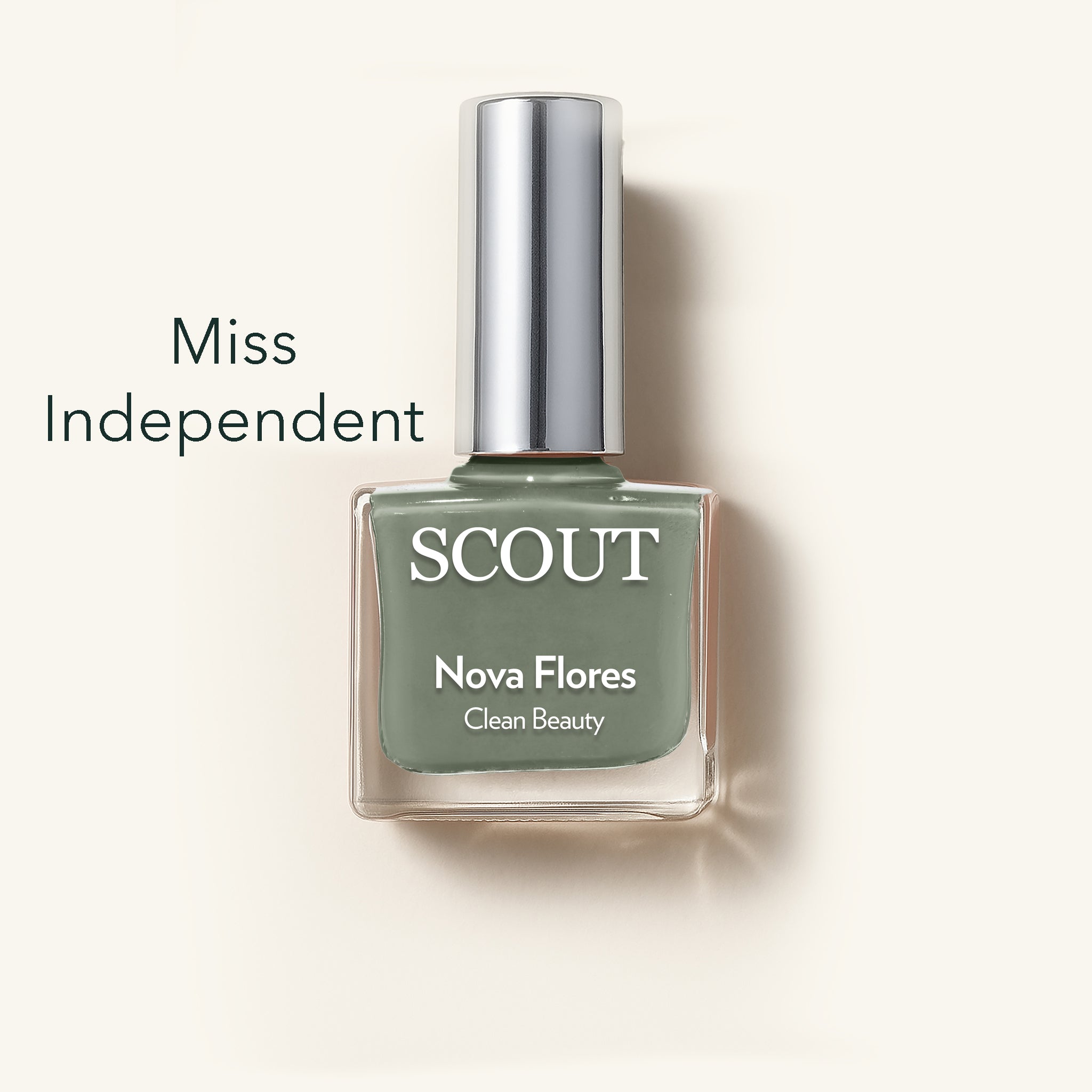 Green nail polish bottle labeled 'SCOUT Nova Flores' on a white background. Made in Australia, Superfood Ingredients. Toxic Free, Highly-Effective, Vegan. Protect nail health.
