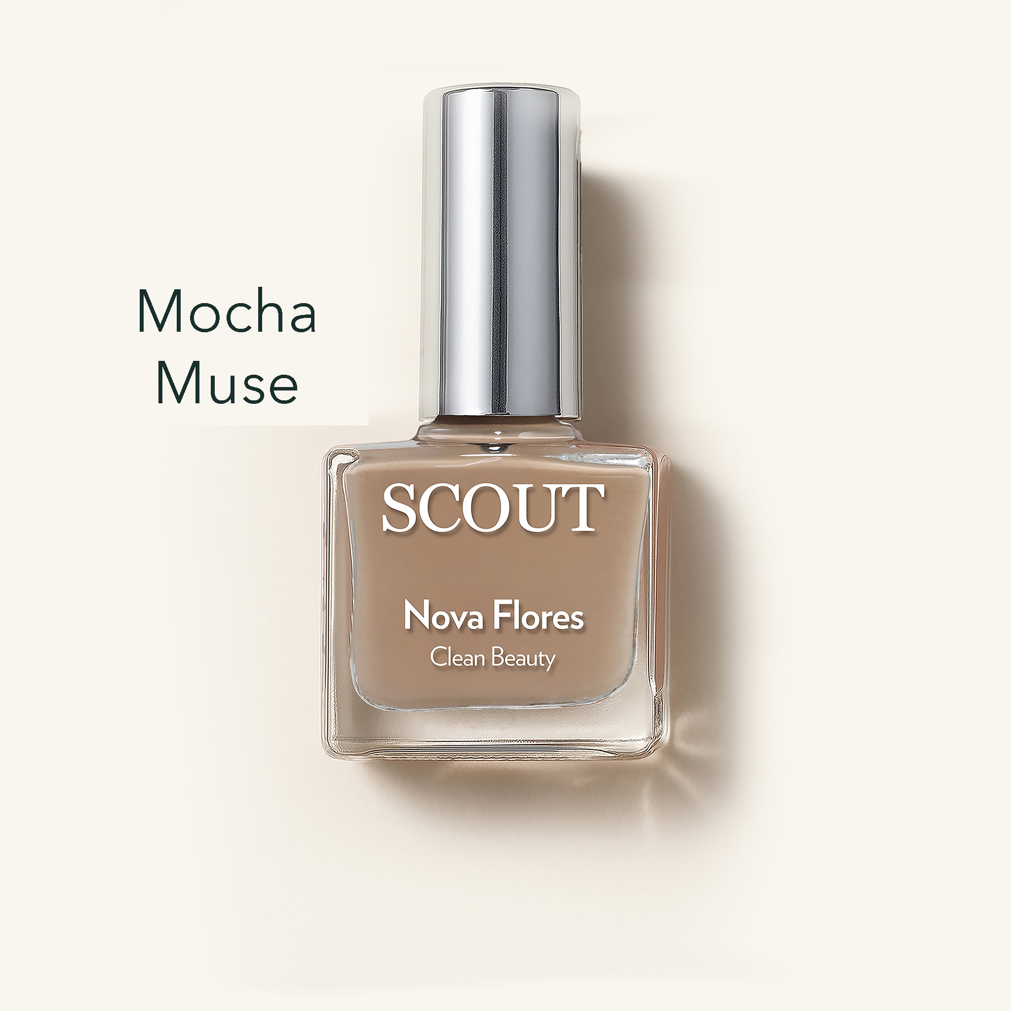 SCOUT nail polish bottle labeled 'Mocha Muse' on a light beige background. Made in Australia, Superfood Ingredients. Toxic Free, Highly-Effective, Vegan. Protect nail health.