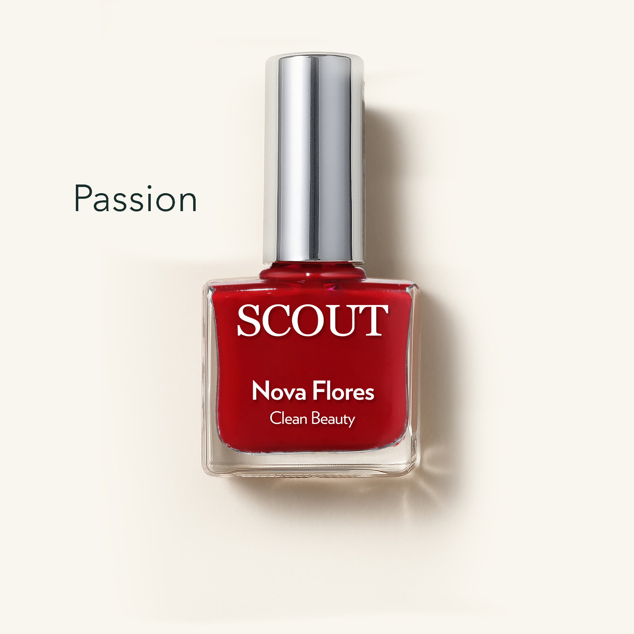Red nail polish bottle with silver cap on a white background, labeled 'SCOUT Nova Flores'. Made in Australia, Superfood Ingredients. Toxic Free, Highly-Effective, Vegan. Protect nail health.