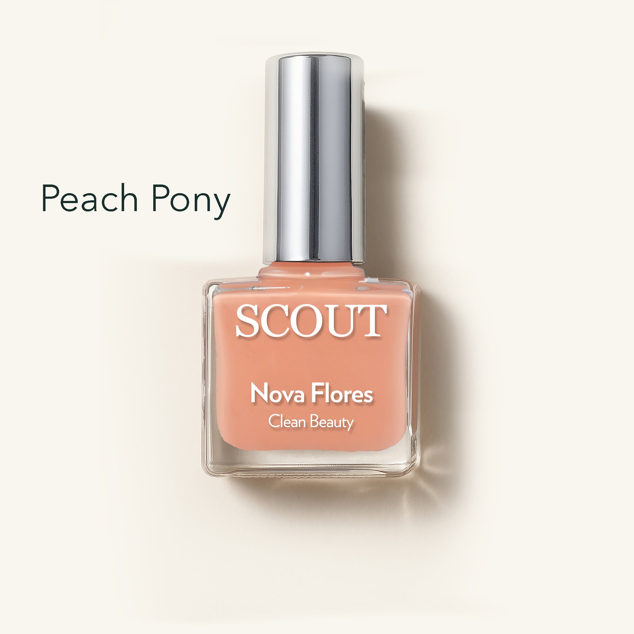 SCOUT nail polish bottle labeled 'Peach Pony' on a light beige background. Made in Australia, Superfood Ingredients. Toxic Free, Highly-Effective, Vegan. Protect nail health.