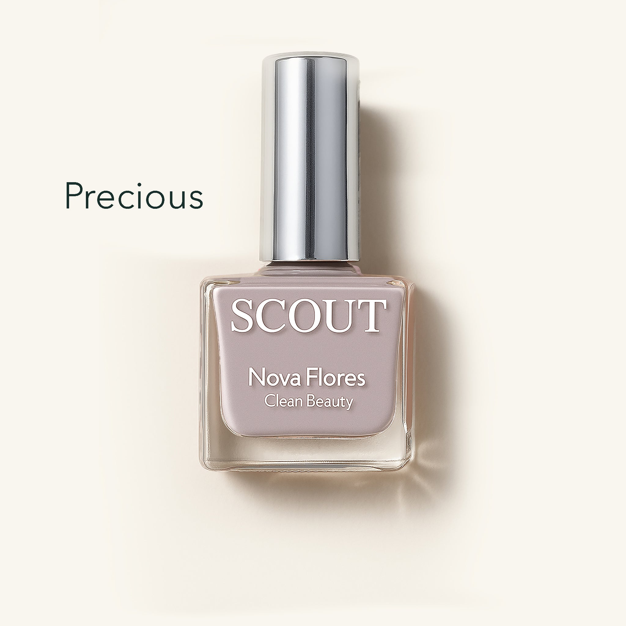 SCOUT nail polish bottle labeled 'Precious' on a beige background. Made in Australia, Superfood Ingredients. Toxic Free, Highly-Effective, Vegan. Protect nail health.