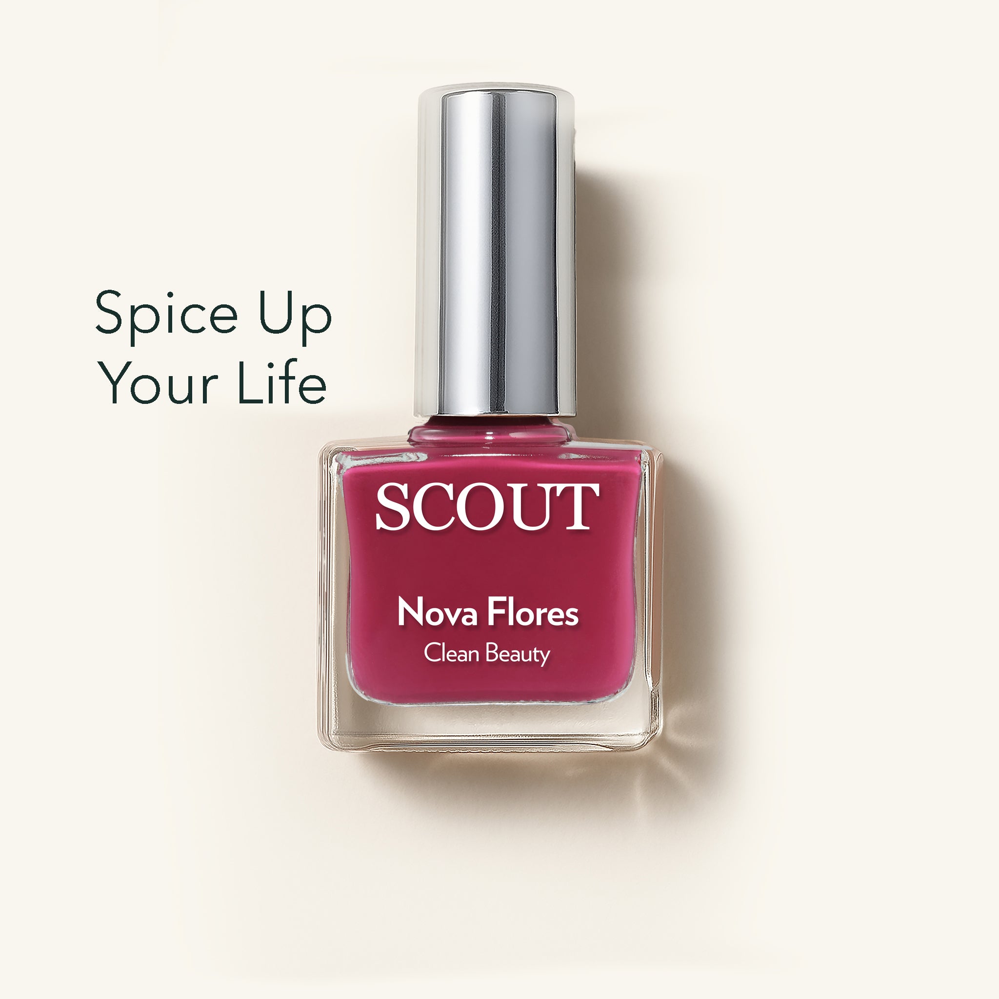SCOUT nail polish bottle with pink polish on a beige background. Made in Australia, Superfood Ingredients. Toxic Free, Highly-Effective, Vegan. Protect nail health.