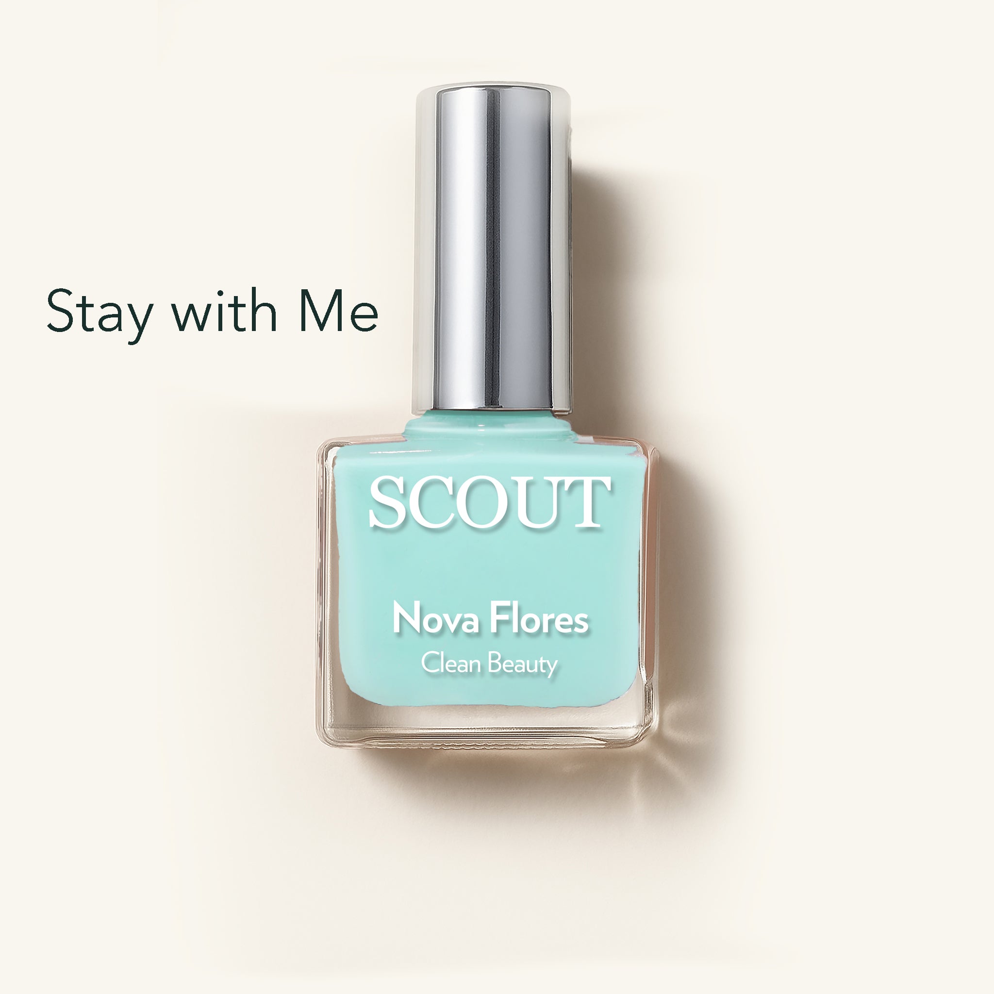 Scout nail polish bottle with 'Stay with Me' text on a beige background. Made in Australia, Superfood Ingredients. Toxic Free, Highly-Effective, Vegan. Protect nail health.