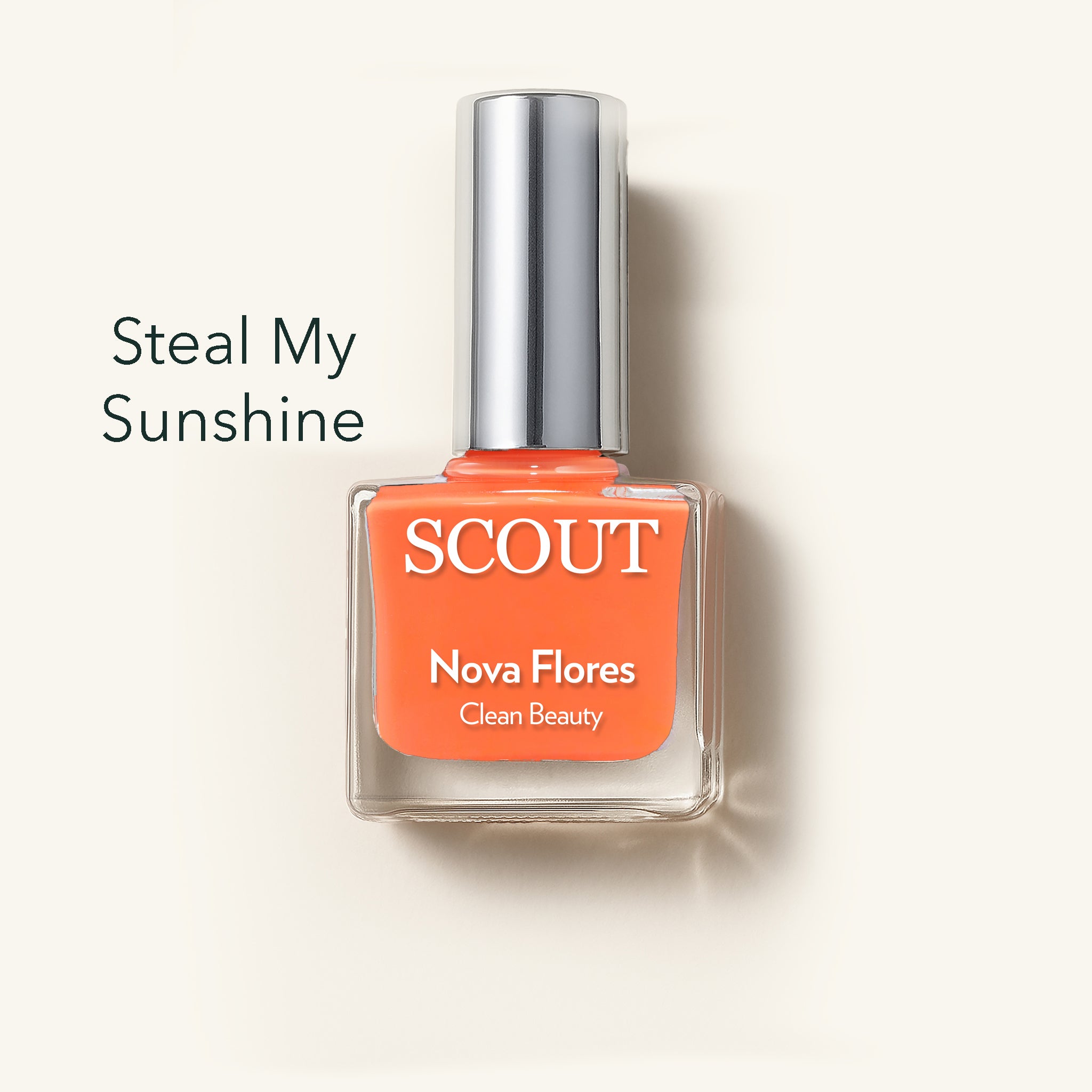 Orange nail polish bottle with silver cap labeled 'SCOUT Nova Flores' on a white background. Made in Australia, Superfood Ingredients. Toxic Free, Highly-Effective, Vegan. Protect nail health.