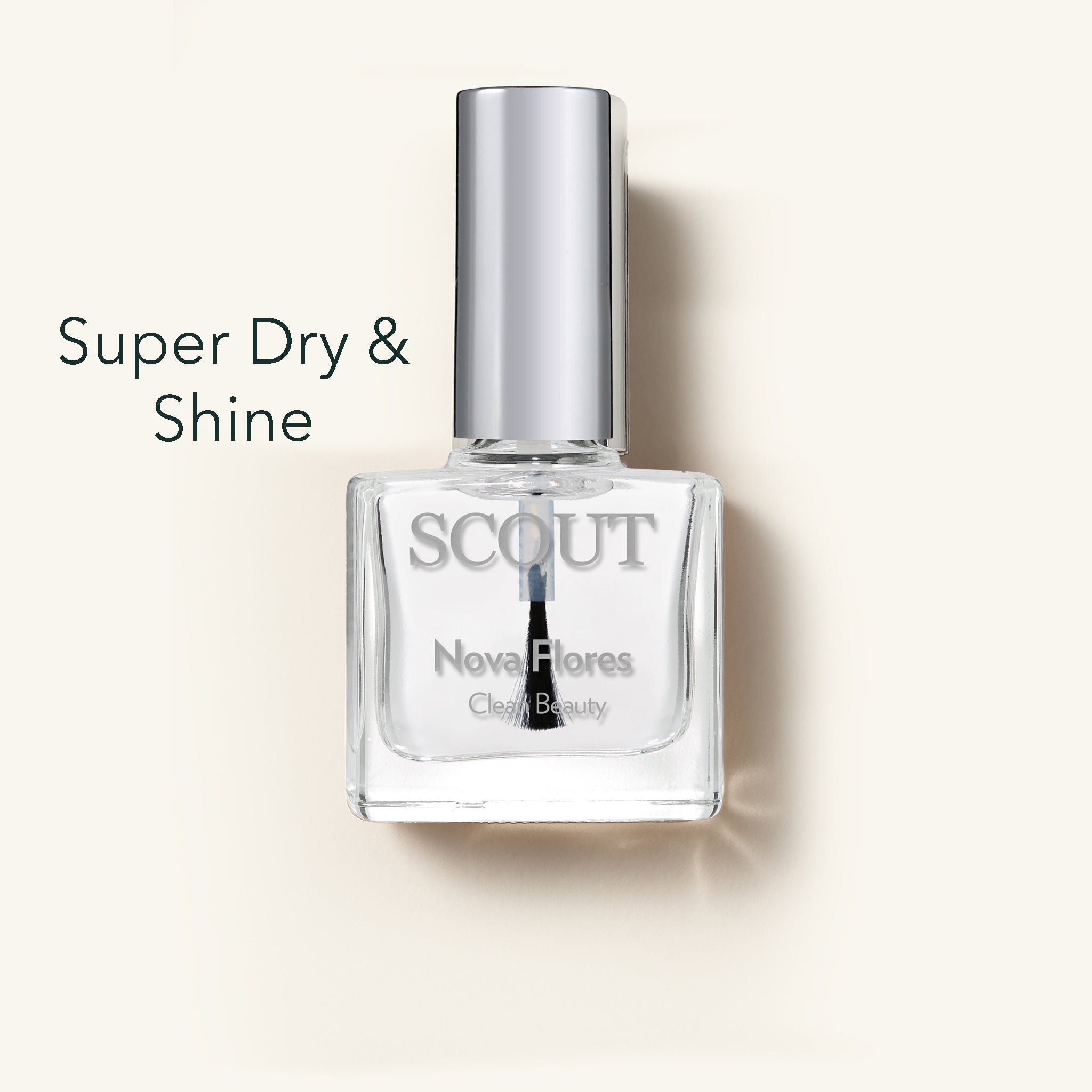Top Coat Nail polish bottle with 'SCOUT' branding on a beige background, Made in Australia, Superfood Ingredients. Toxic Free, Highly-Effective, Vegan. Protect nail health.