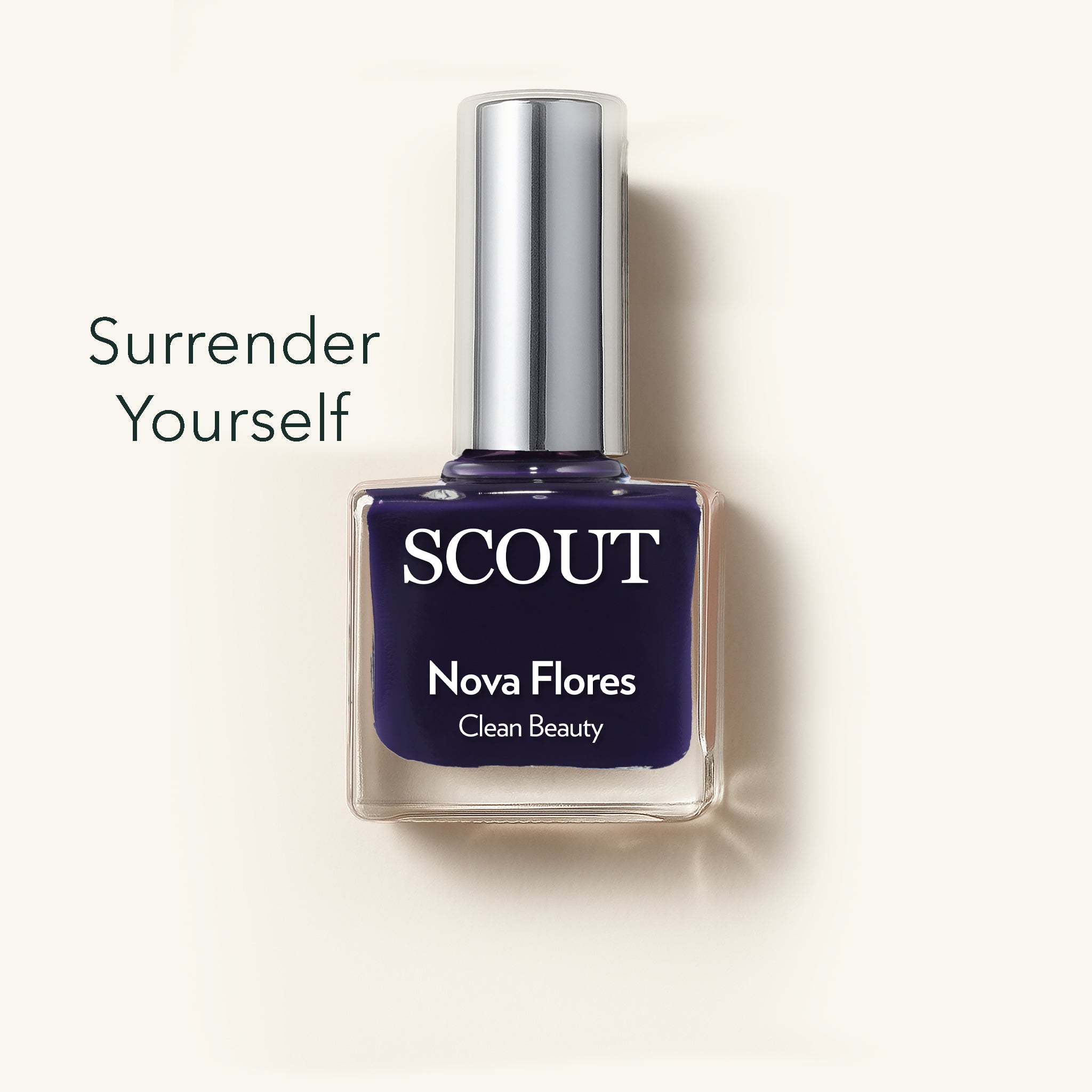 Navy nail polish bottle with 'SCOUT' branding on a light beige background. Made in Australia, Superfood Ingredients. Toxic Free, Highly-Effective, Vegan. Protect nail health.