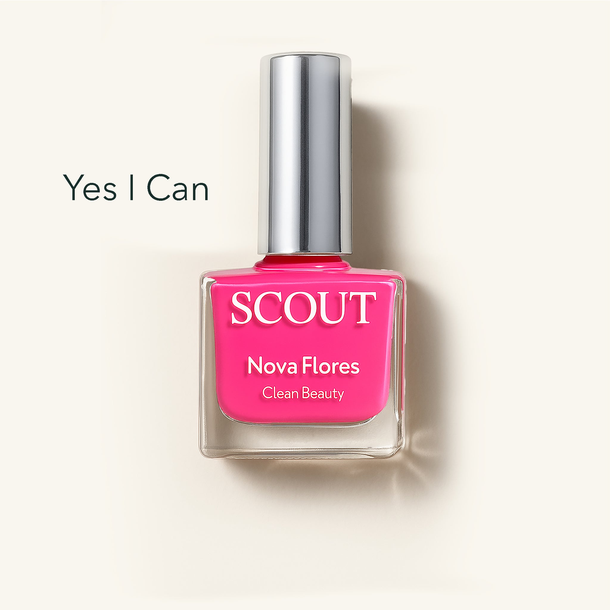 Pink nail polish bottle with 'SCOUT' branding on a light beige background. Made in Australia, Superfood Ingredients. Toxic Free, Highly-Effective, Vegan. Protect nail health.