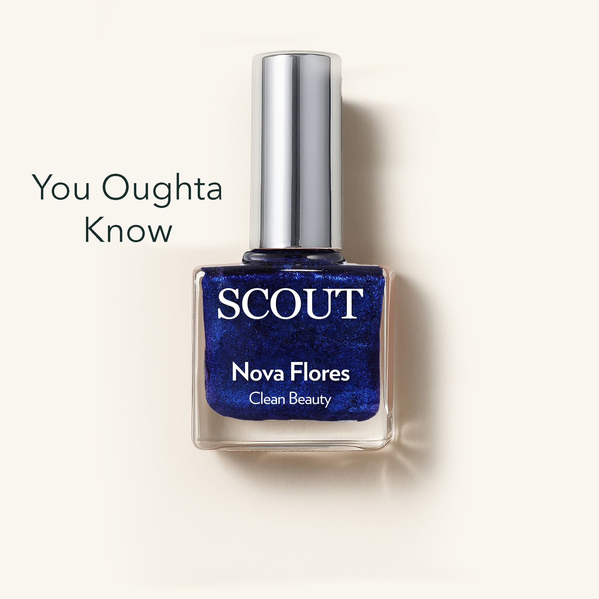 Blue nail polish bottle with 'SCOUT' branding on a white background. Made in Australia, Superfood Ingredients. Toxic Free, Highly-Effective, Vegan. Protect nail health.