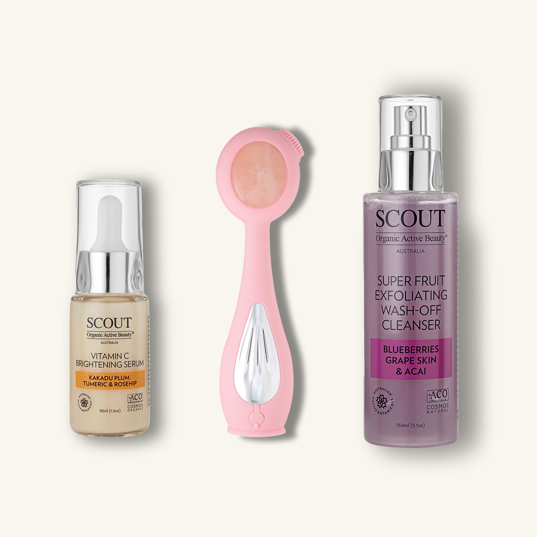 Three skincare products from the brand 'SCOUT' on a white background