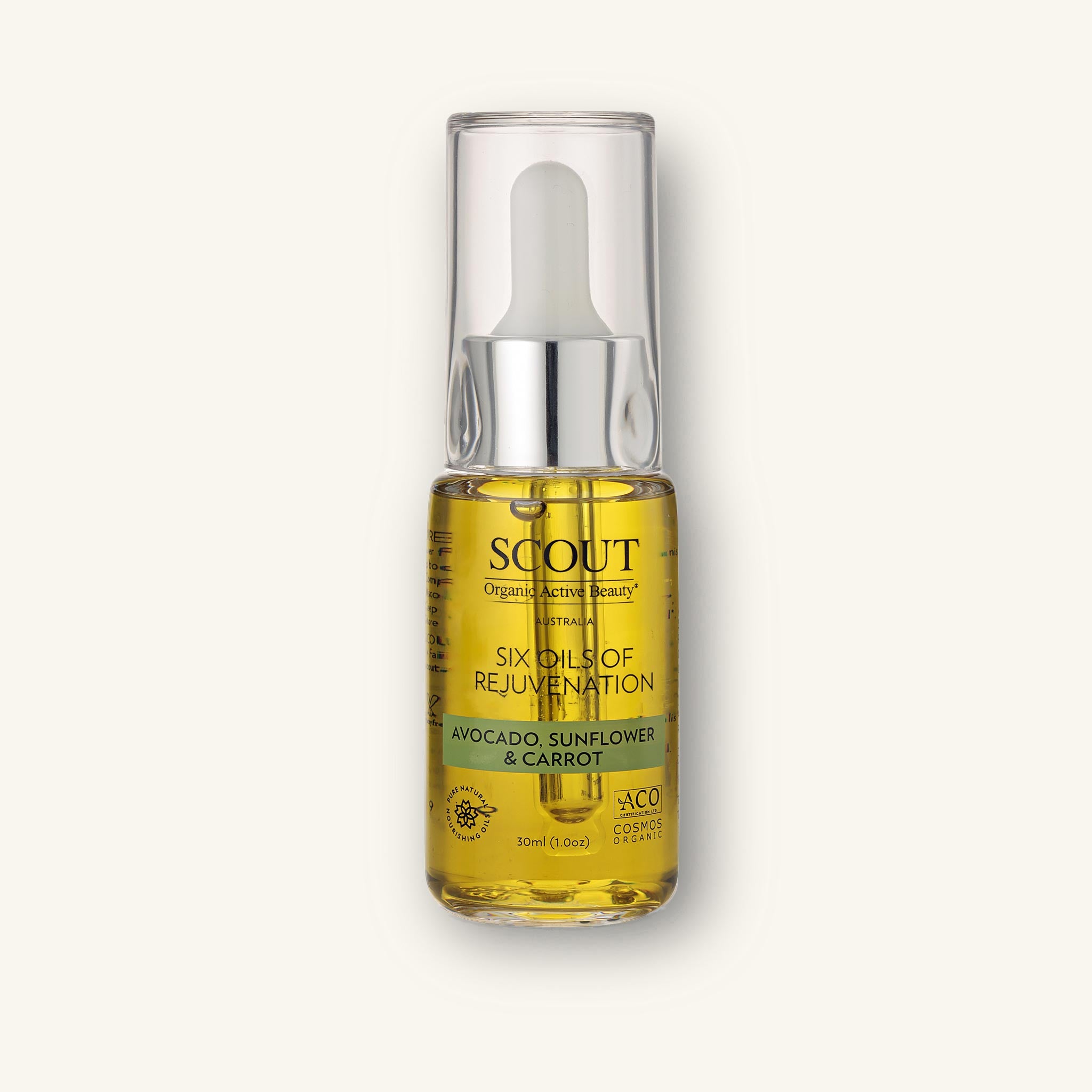 Bottle of Scout Six Oils of Rejuvenation on a white background