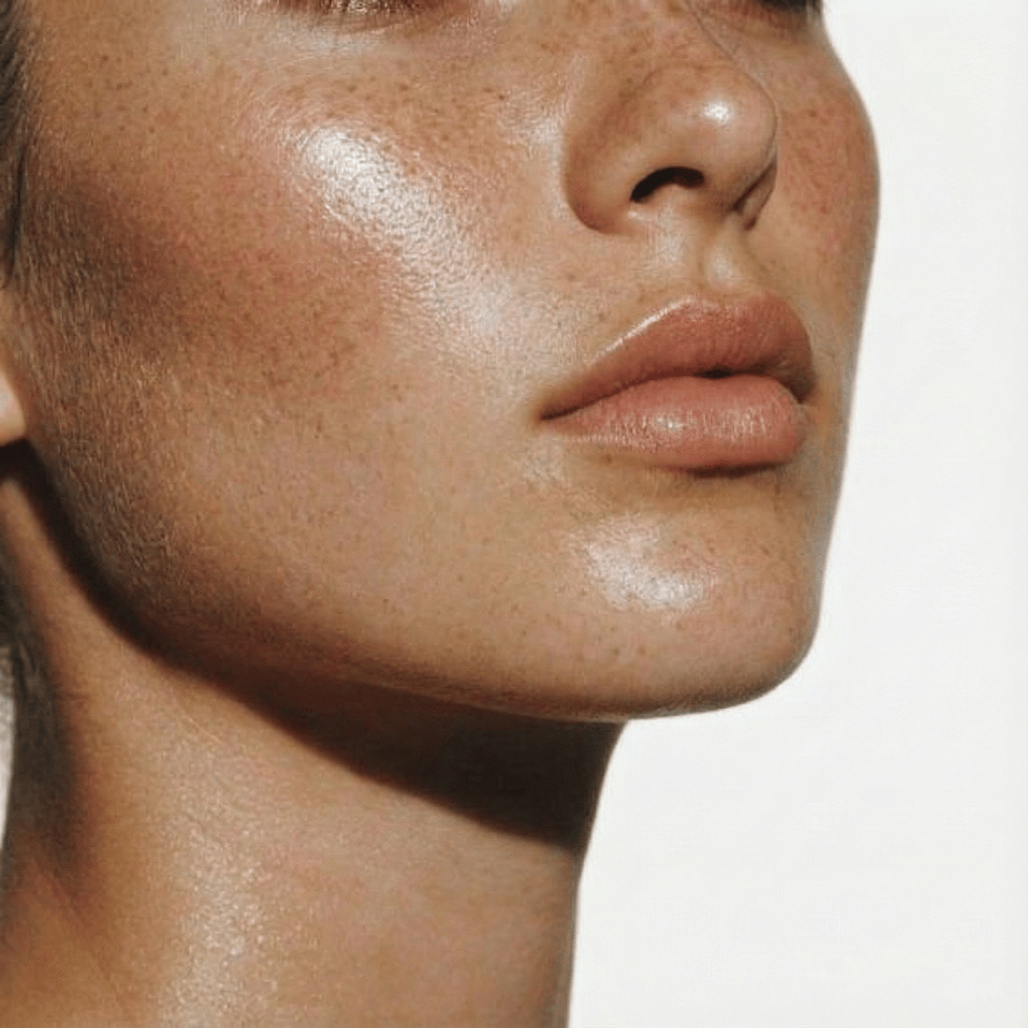 Close-up of a person's face with a neutral background