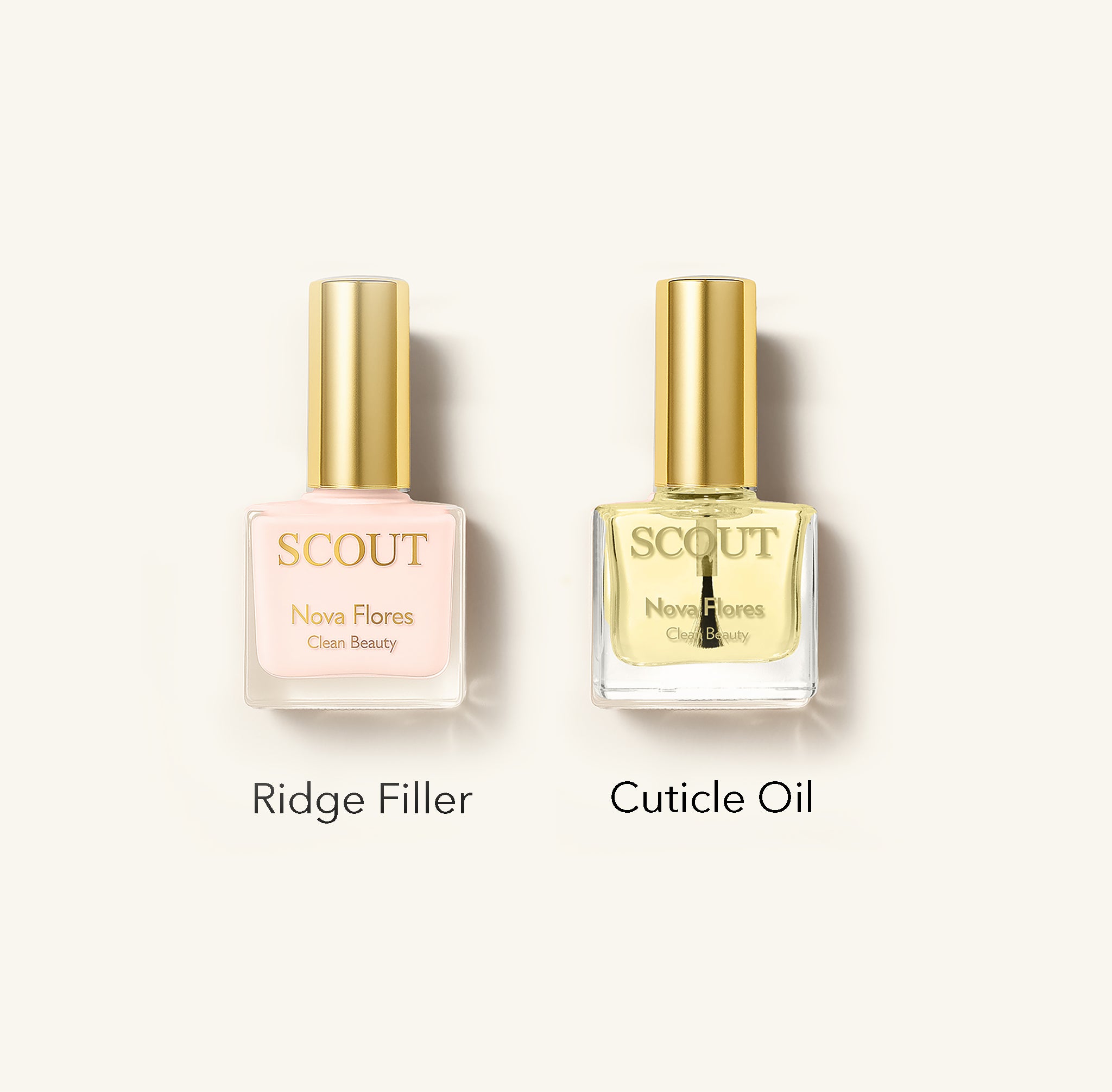 Two SCOUT cosmetic bottles on a light cream background, labeled Ridge Filler and Cuticle Oil. The left bottle is pale pink with a gold cap, and the right bottle is clear with pale yellow oil and a gold cap.
