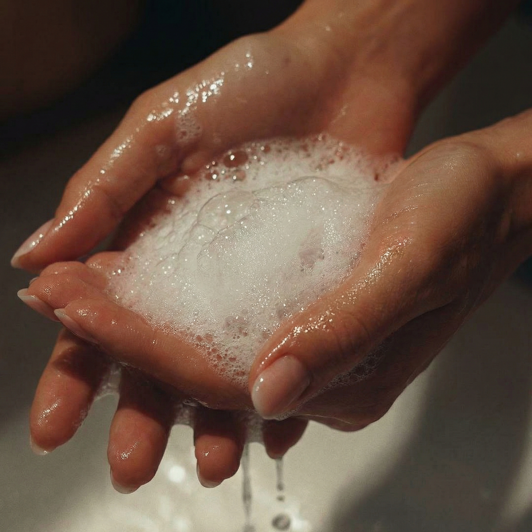 Hands with soapy face wash foam being washed under running water
