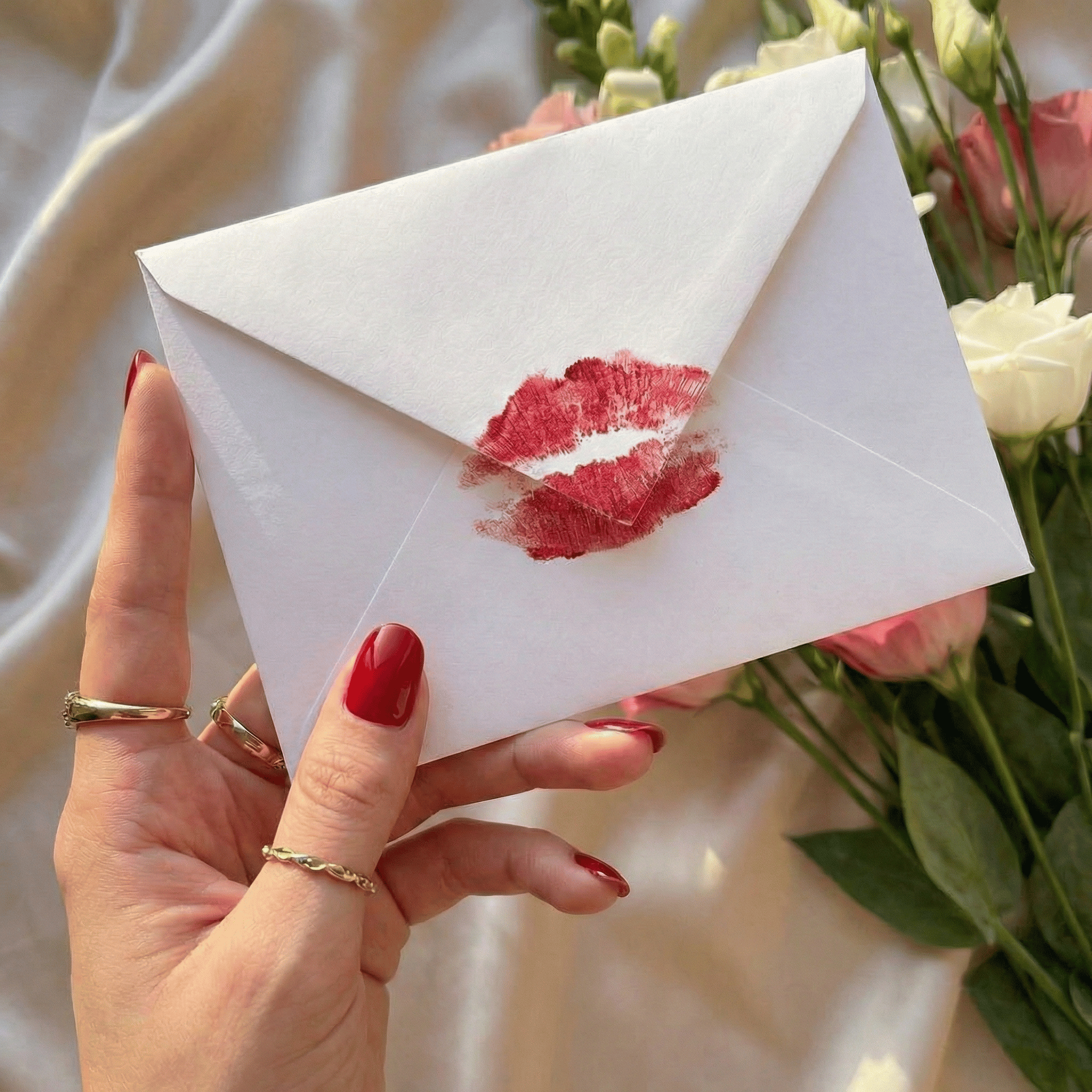 White envelope with red lipstick印记 held by a hand with red nails, surrounded by flowers.