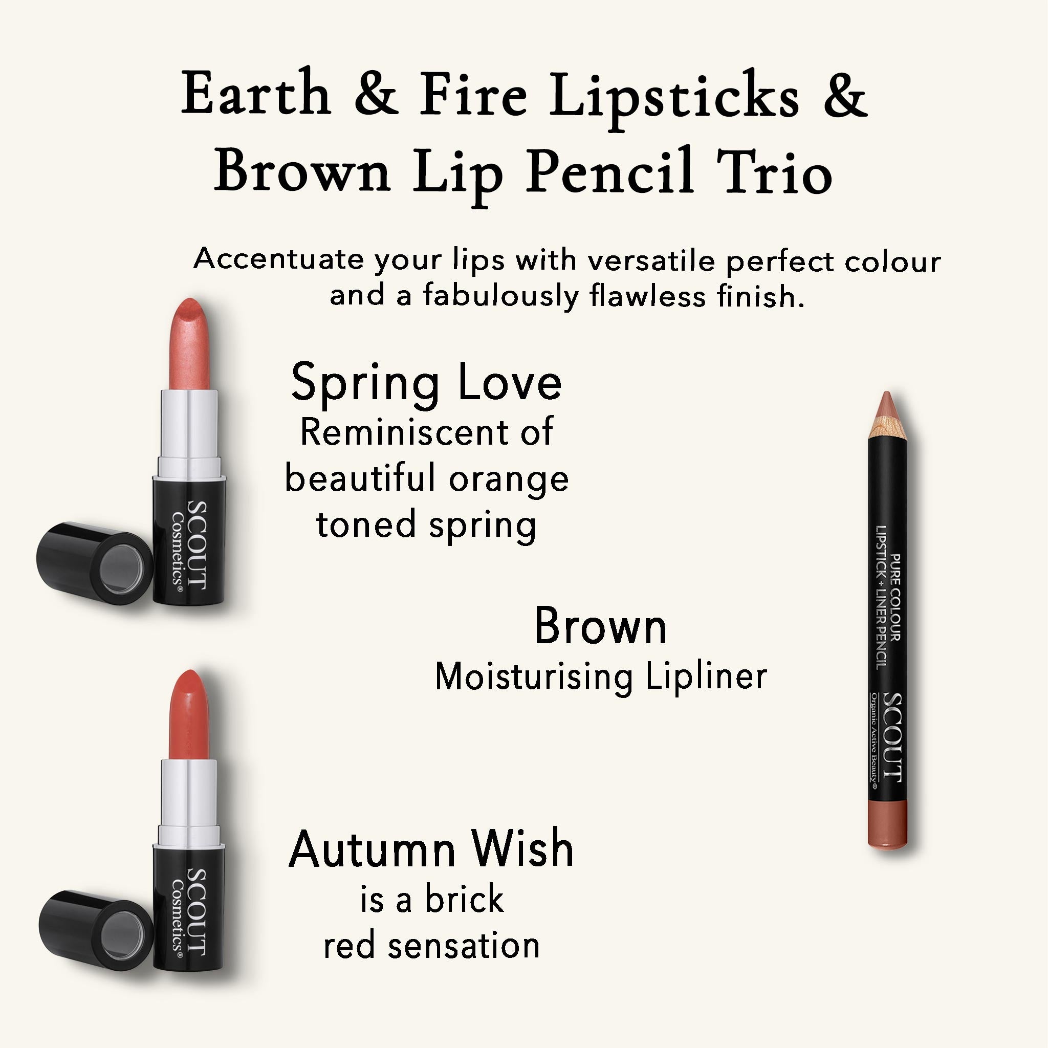 Earth & Fire Lipsticks & Lip Pencil Trio