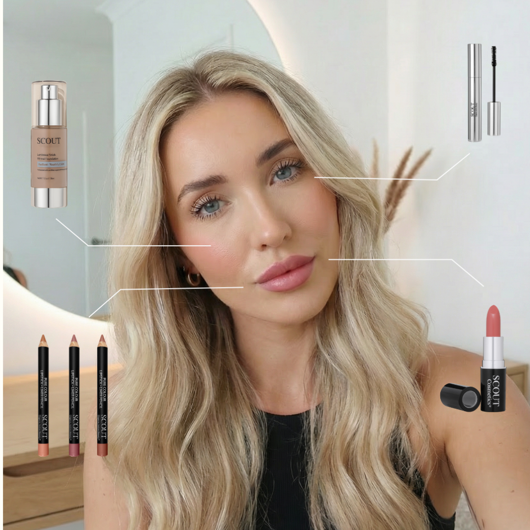 Woman with makeup products displayed around her