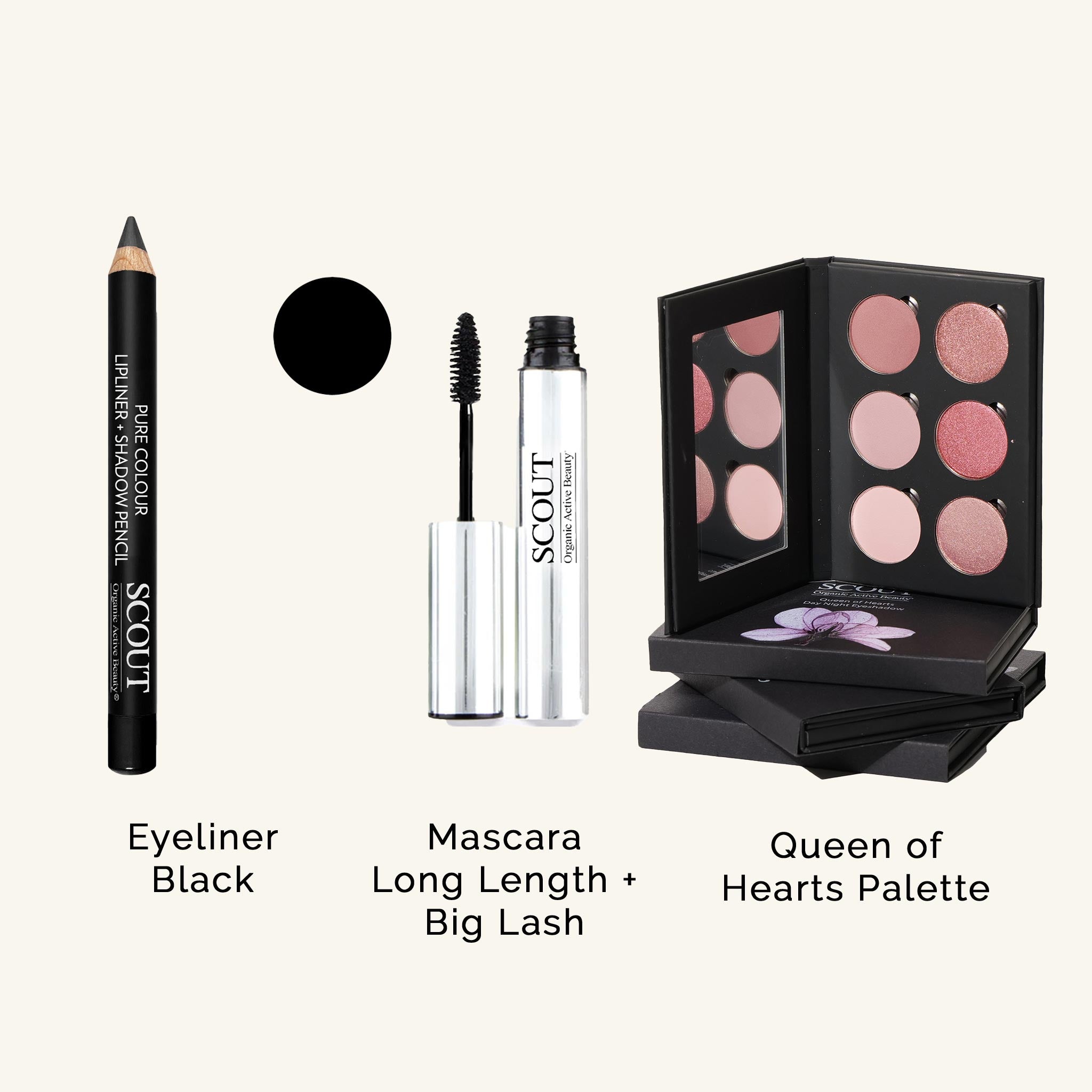 SCOUT Organic Active Beauty Eye Essentials Kit featuring vegan mascara, natural eyeliner and mineral eye shadow palette – clean, cruelty-free Australian makeup set.
