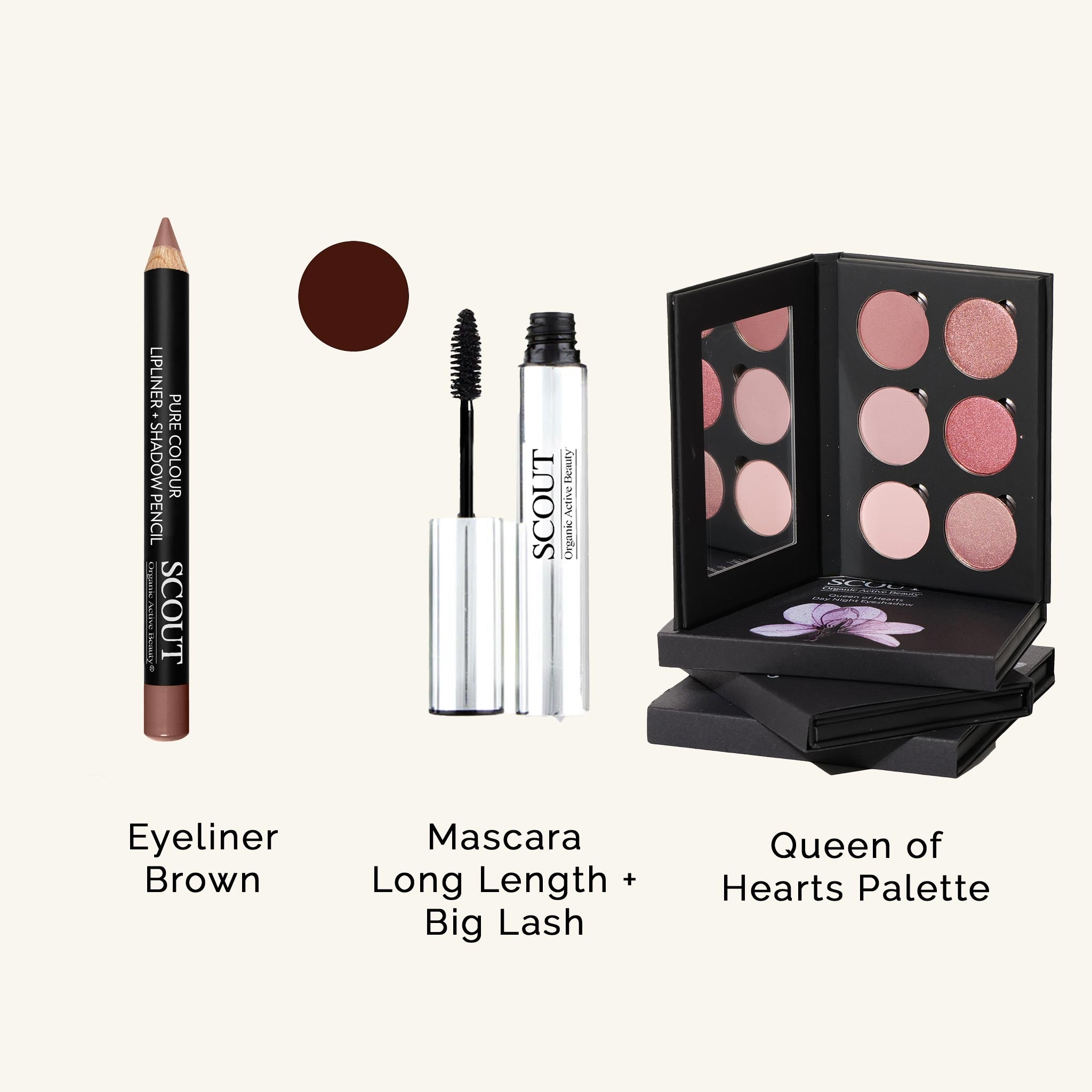 SCOUT Organic Active Beauty Eye Essentials Kit featuring vegan mascara, natural eyeliner and mineral eye shadow palette – clean, cruelty-free Australian makeup set.