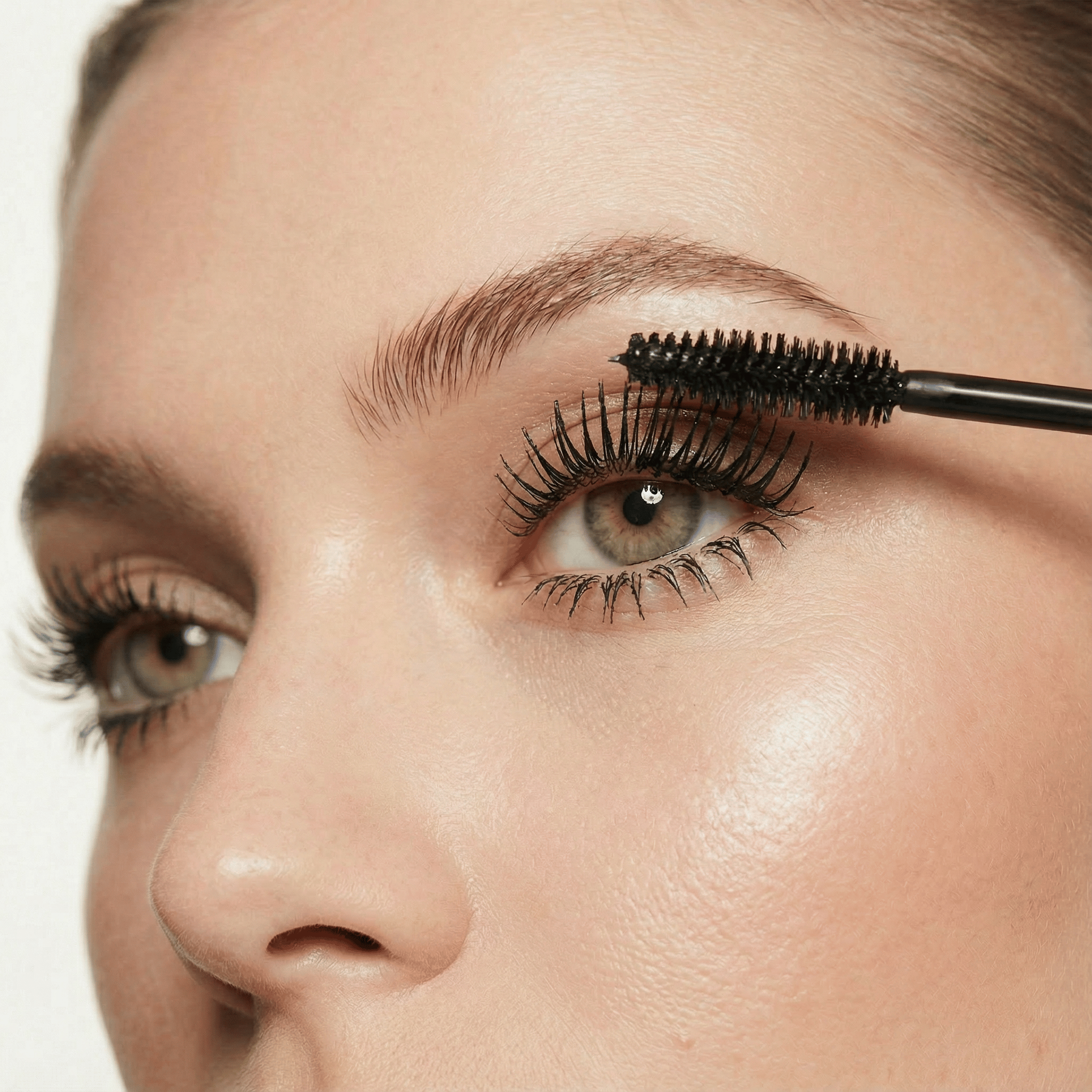 Close-up of a person applying mascara to their eyelashes with a brush.