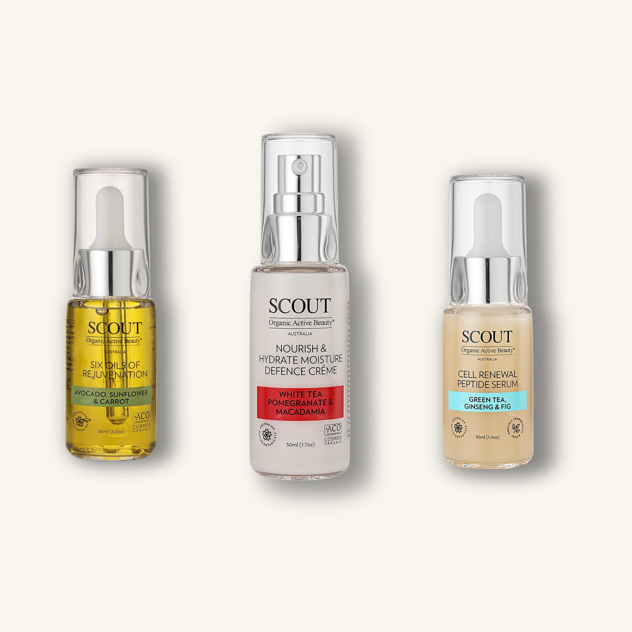 SCOUT Anti-Aging Luxury Trio featuring Cell Renewal Peptide Serum, Nourish & Hydrate Moisture Defence Crème, and Six Oils of Rejuvenation – Australian certified organic natural skincare for mature, radiant skin.