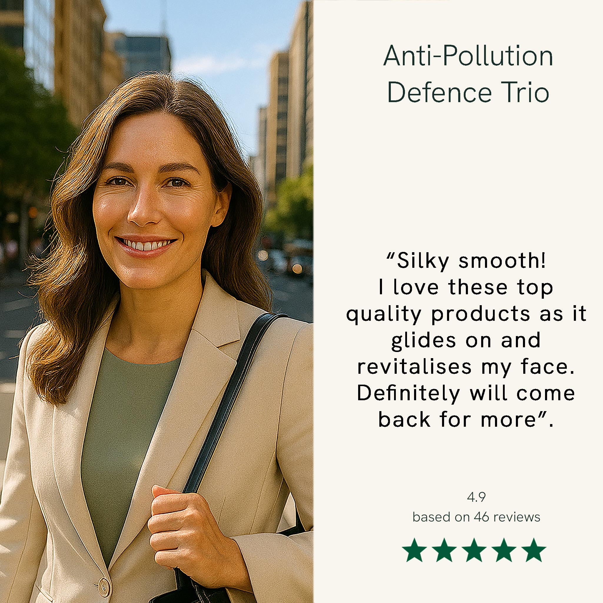 Woman in a beige blazer standing outdoors with text about an anti-pollution defence trio.
