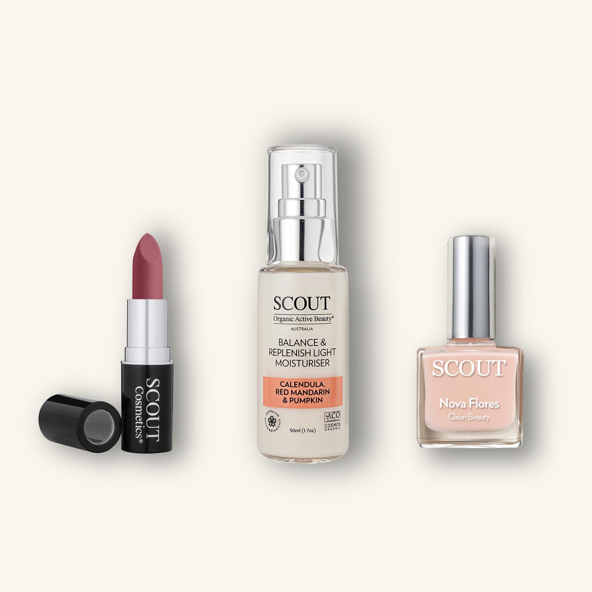 SCOUT skincare and makeup products including lipstick, moisturizer, and nail polish on a white background