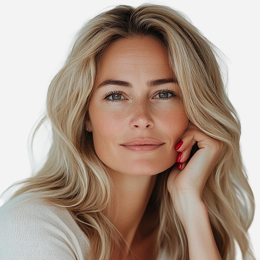 Radiant woman with glowing skin and red nails showcasing results of SCOUT Balance & Replenish natural moisturiser.