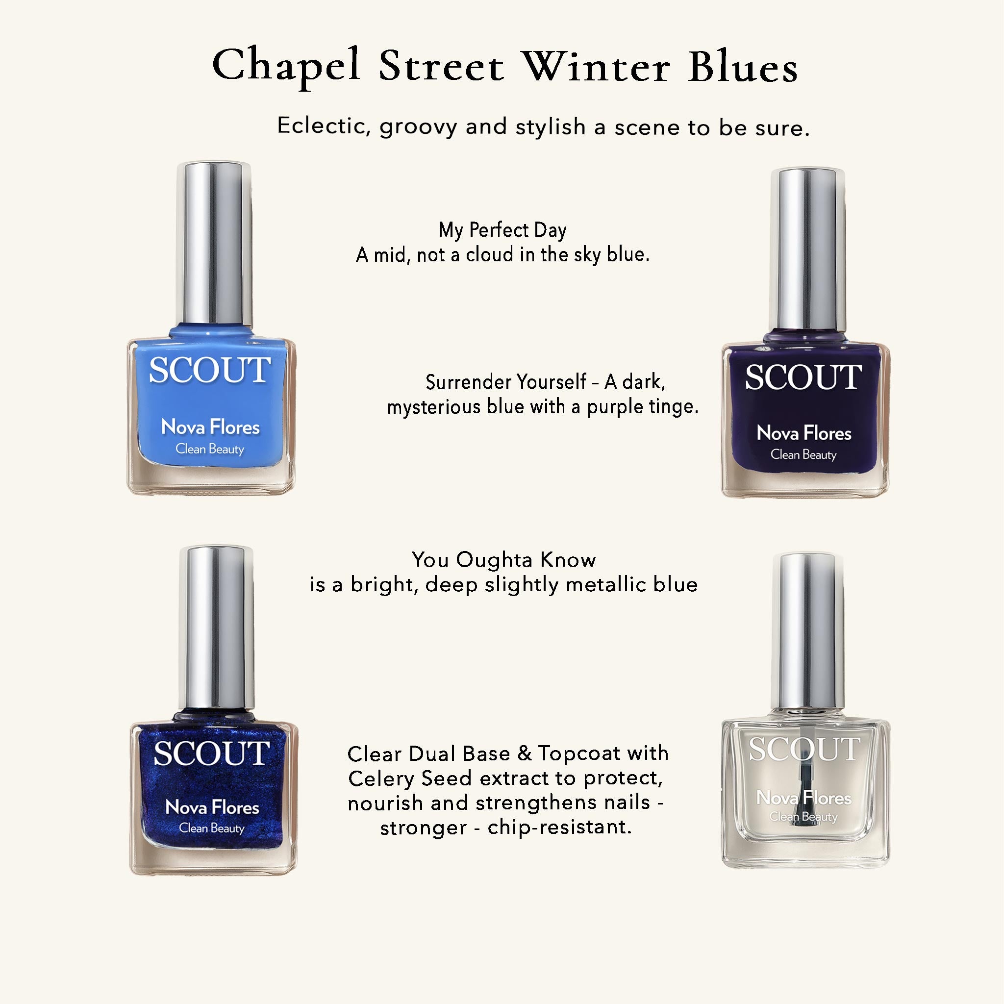 Four bottles of Scout nail polish with blue labels on a white background