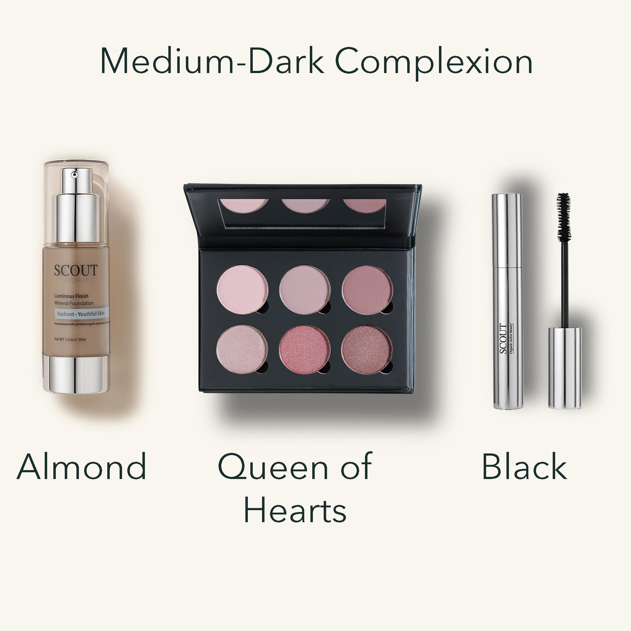 Makeup products with color swatches labeled 'Almond', 'Queen of Hearts', and 'Black' for medium-dark complexion.