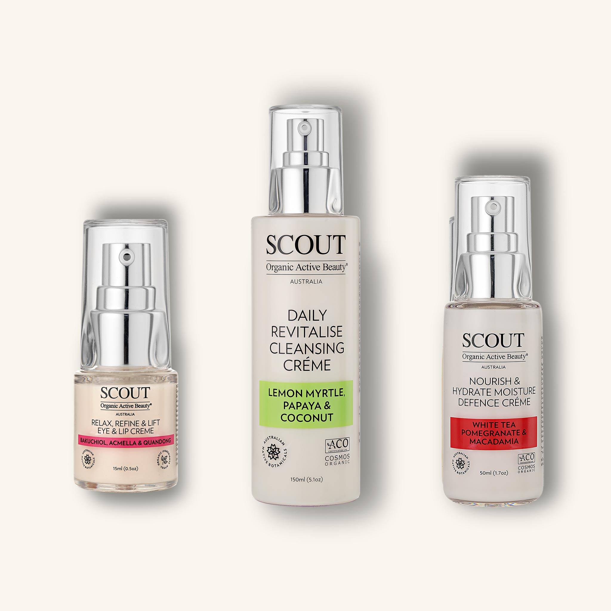Three Scout skincare products on a white background