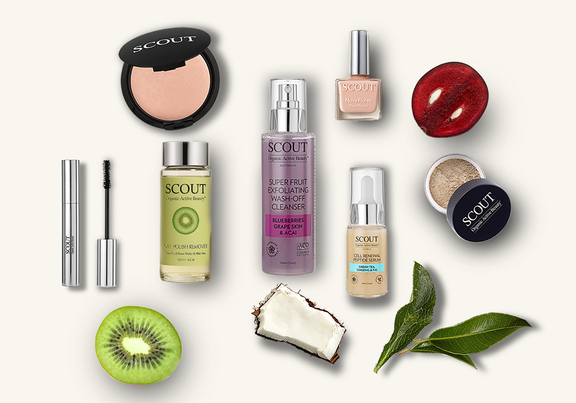 Collection of Scout skincare and makeup products on a white background with natural elements.