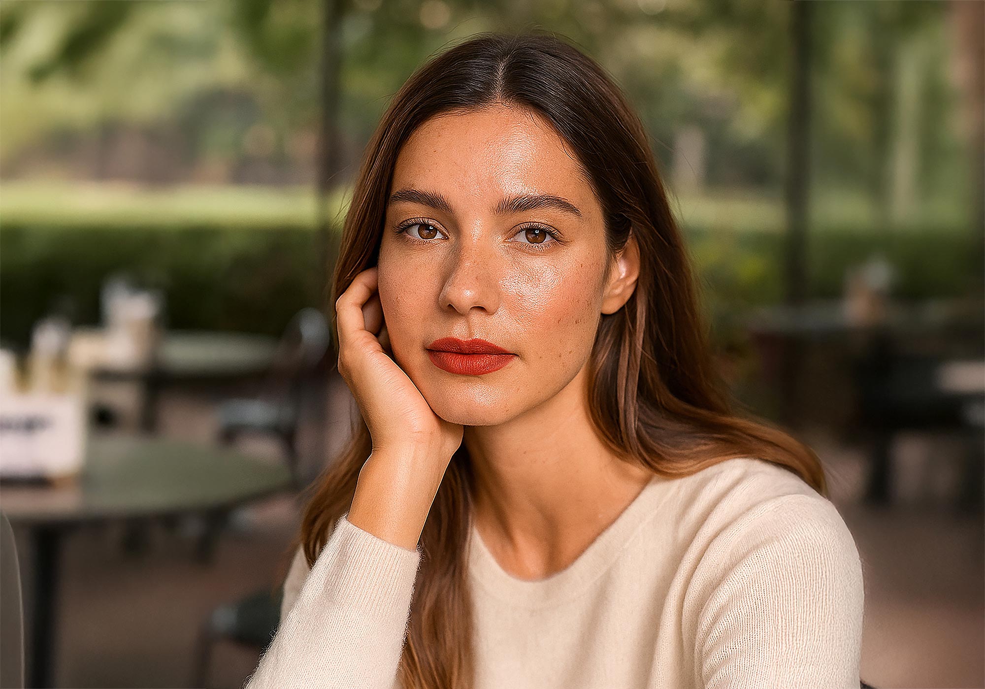 Woman with long brown hair and red lipstick sitting outdoors with a blurred background