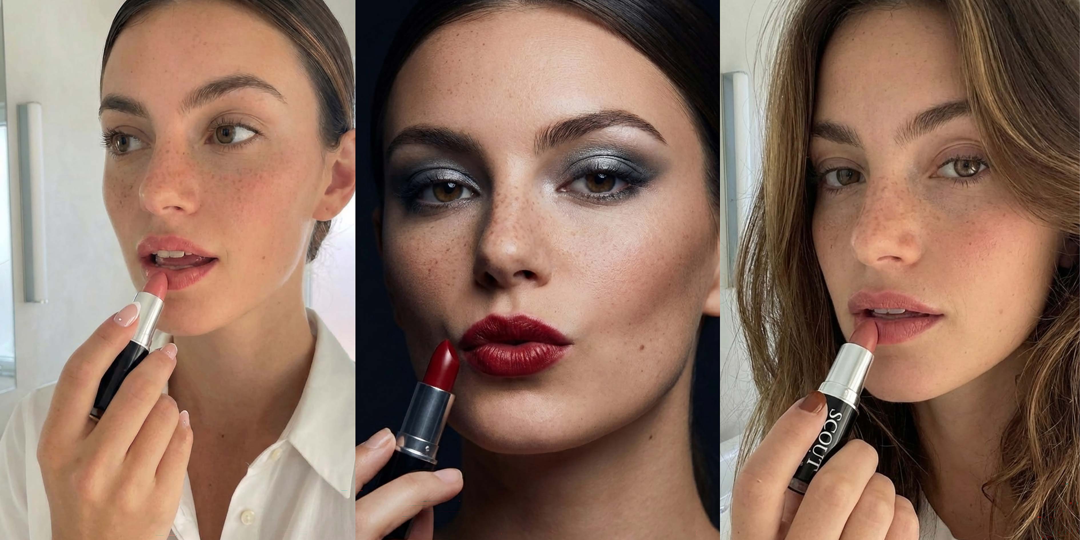 Three women applying lipstick with close-up focus on their faces.