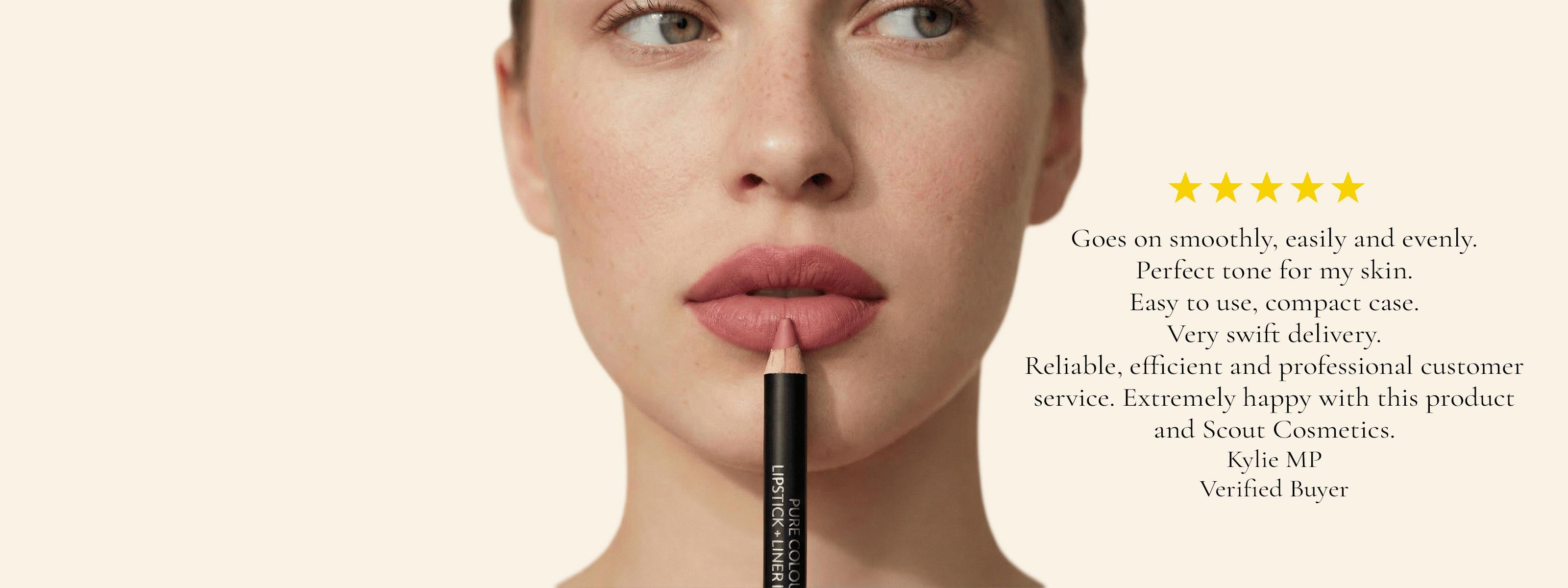 Woman applying lipstick with product details on a beige background