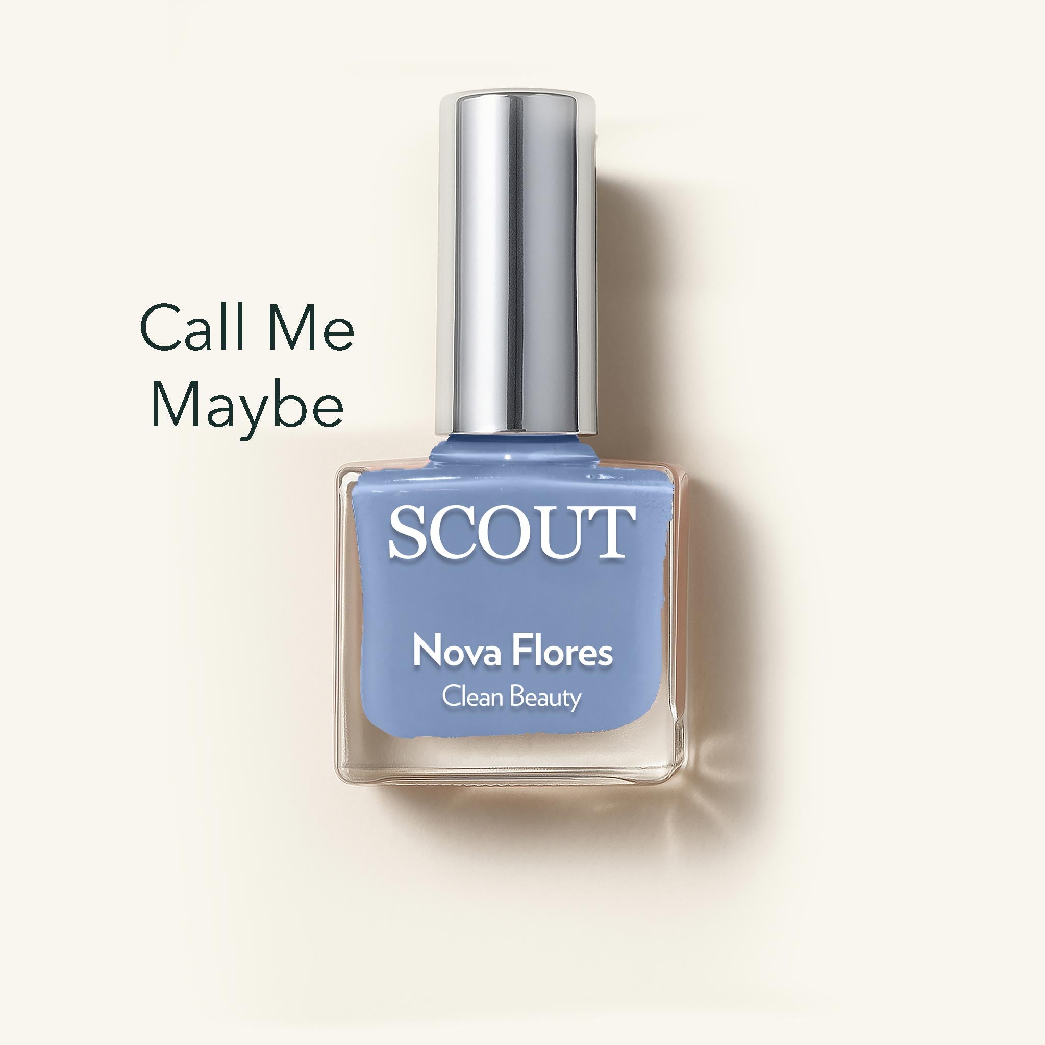 SCOUT nail polish bottle with 'Call Me Maybe' color on a light beige background