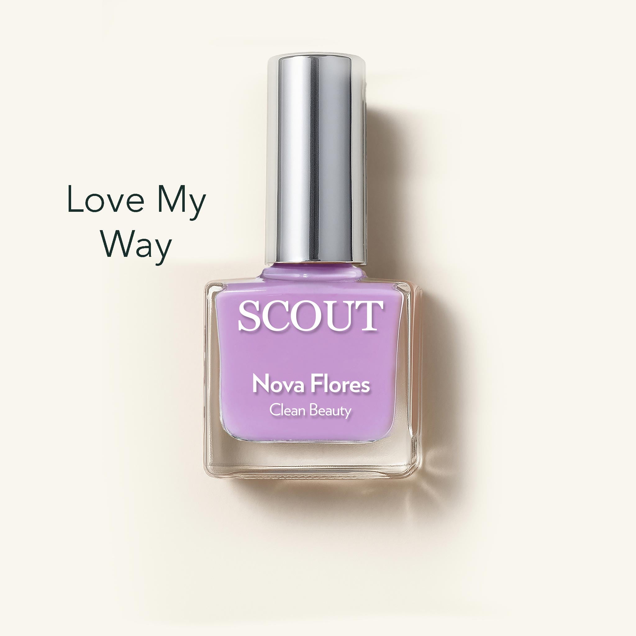 Purple nail polish bottle with 'SCOUT' branding on a light beige background