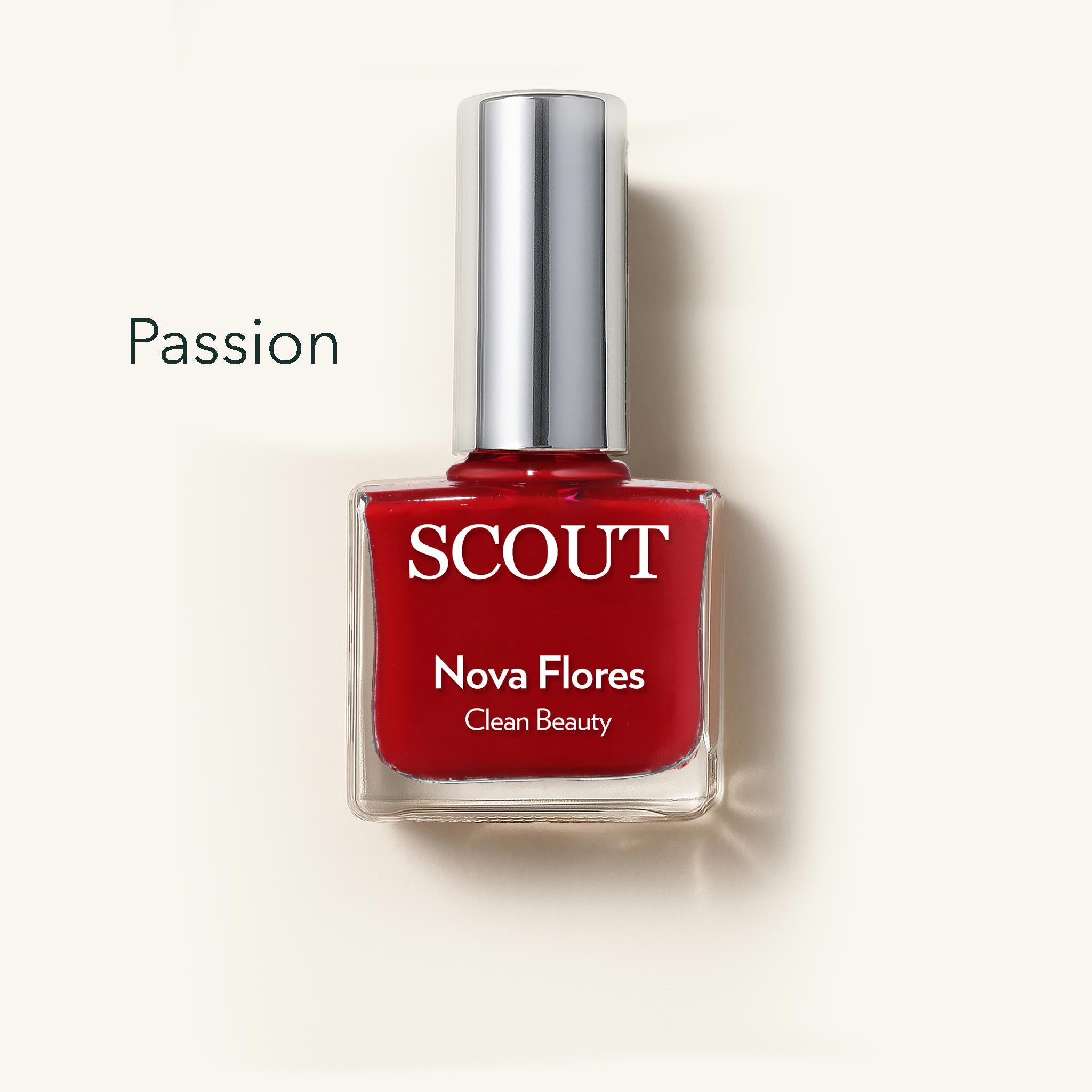Red nail polish bottle with silver cap on a white background, featuring the brand 'SCOUT'.