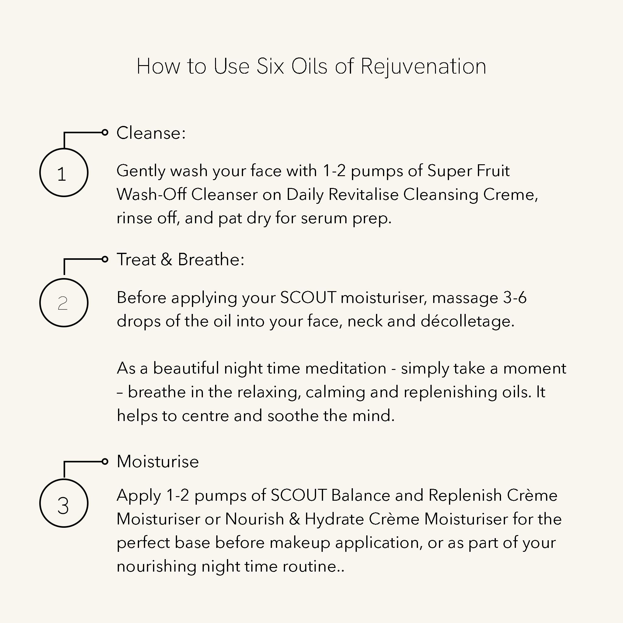 Instructions on how to use six oils of rejuvenation with text and icons.