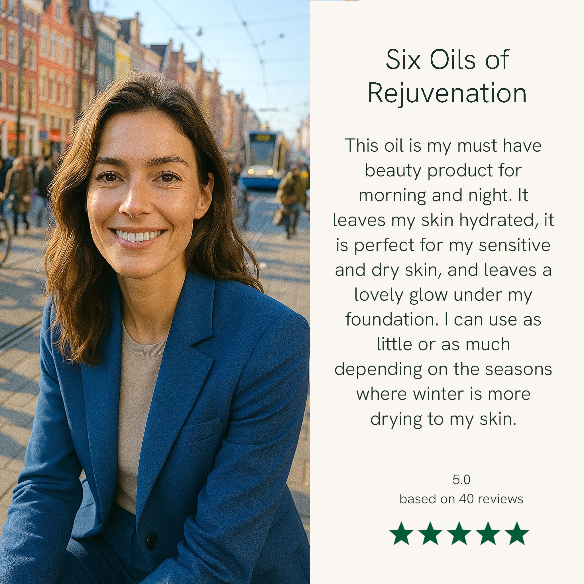 Woman in a blue blazer with text about 'Six Oils of Rejuvenation' on a city street.