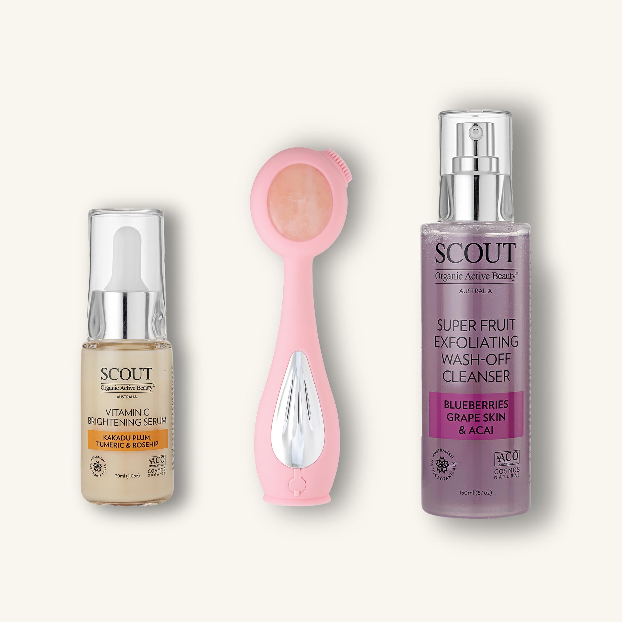 Three skincare products from the brand 'SCOUT' on a light gray background