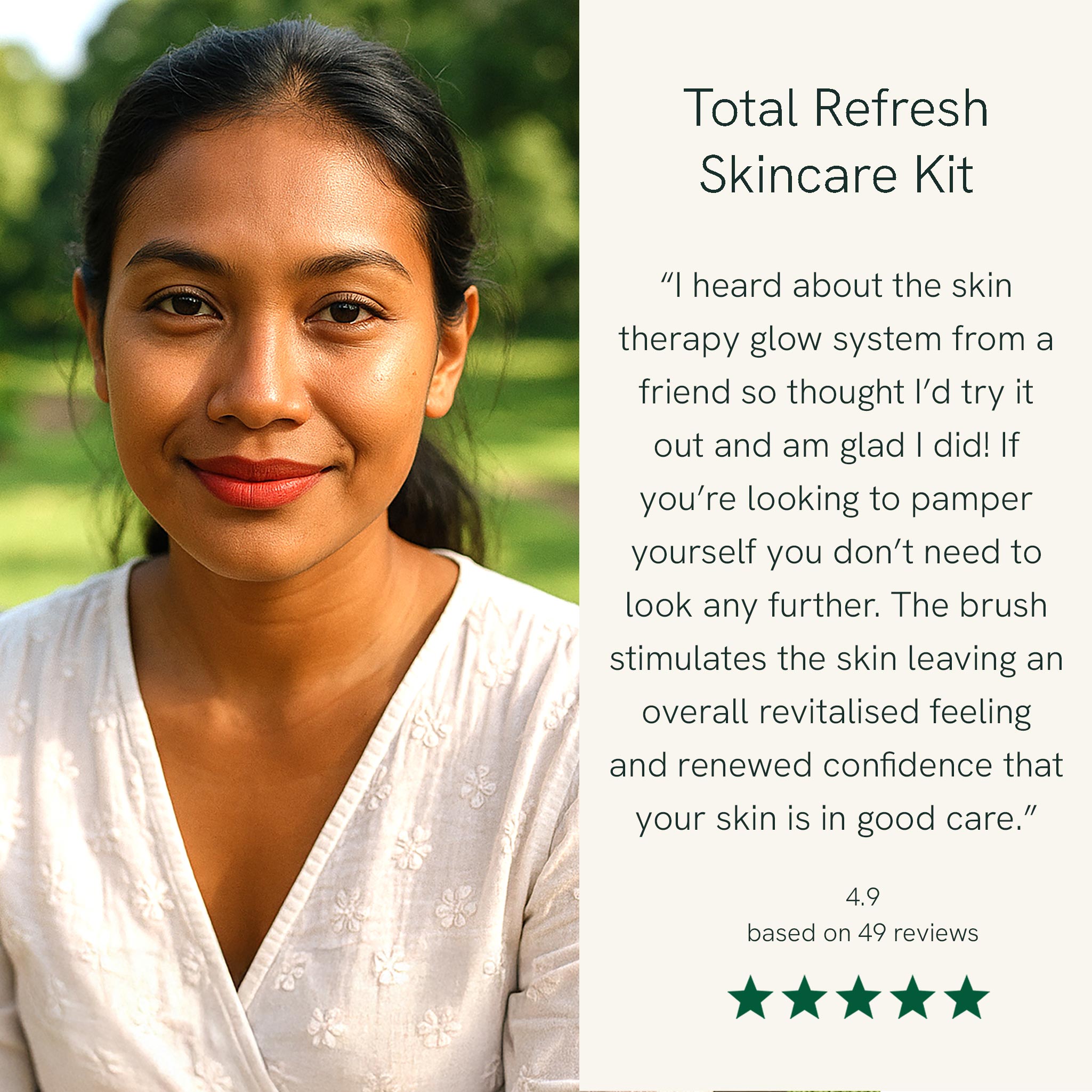 Woman outdoors with text about Total Refresh Skincare Kit