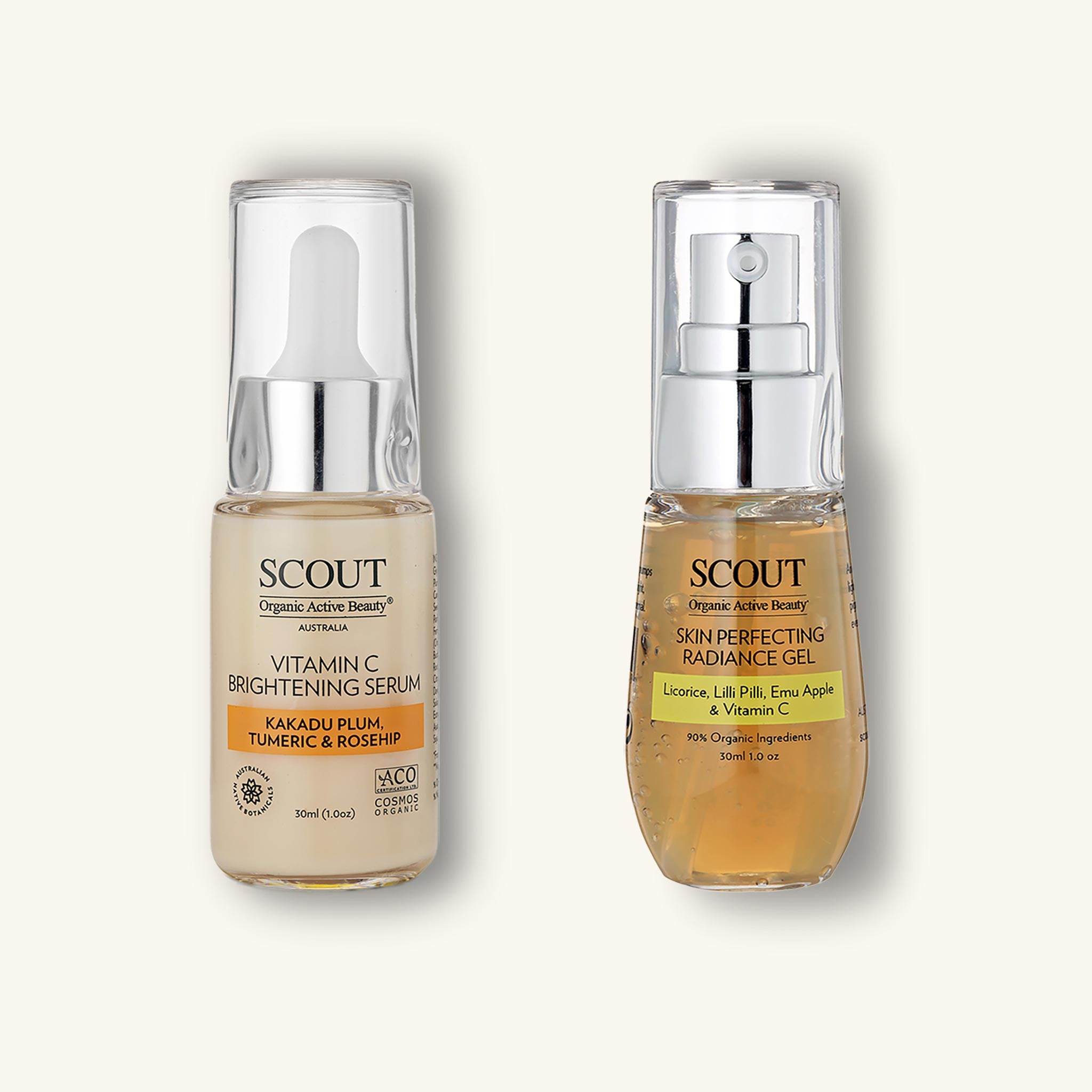 Two skincare bottles from Scout on a white background